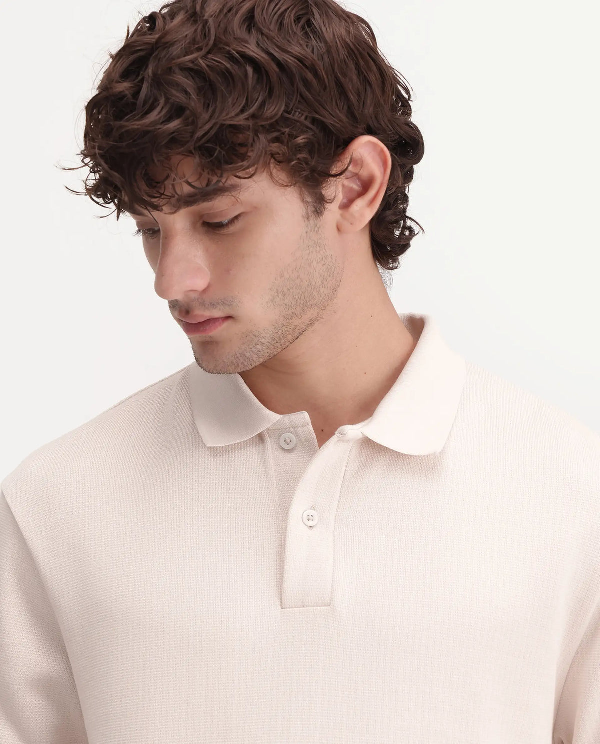 Rare Rabbit Men's Niue Light Beige Cotton Blend Spread Collar Regular Textured Polo