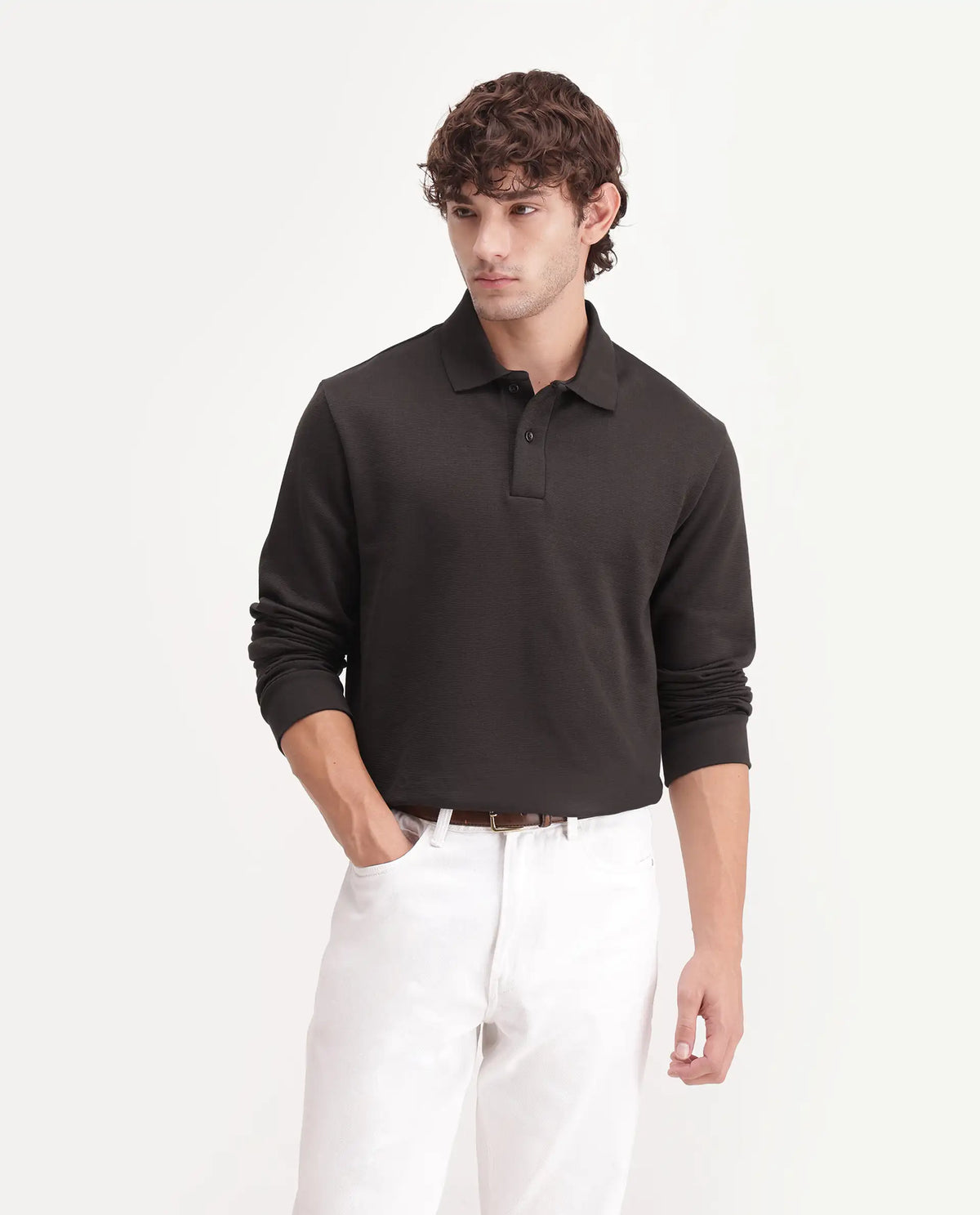 Rare Rabbit Men's Niue Dark Brown Cotton Blend Spread Collar Regular Plain Polo