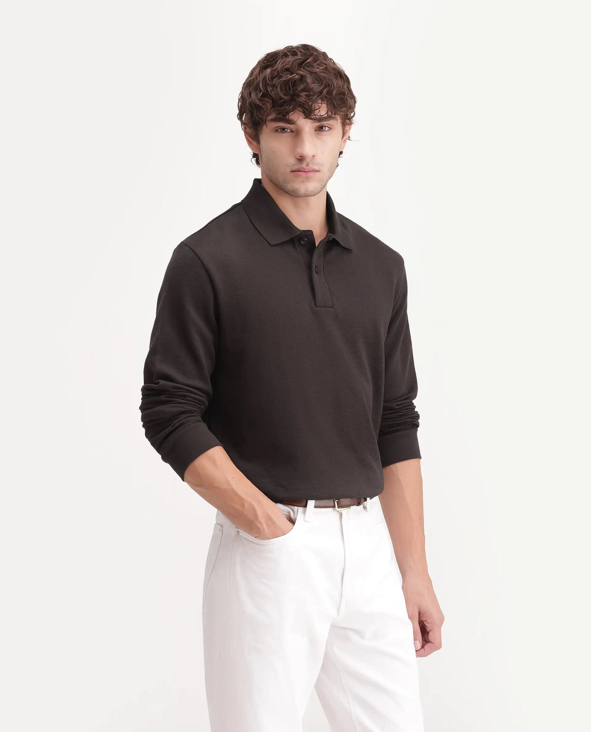 Rare Rabbit Men's Niue Dark Brown Cotton Blend Spread Collar Regular Plain Polo