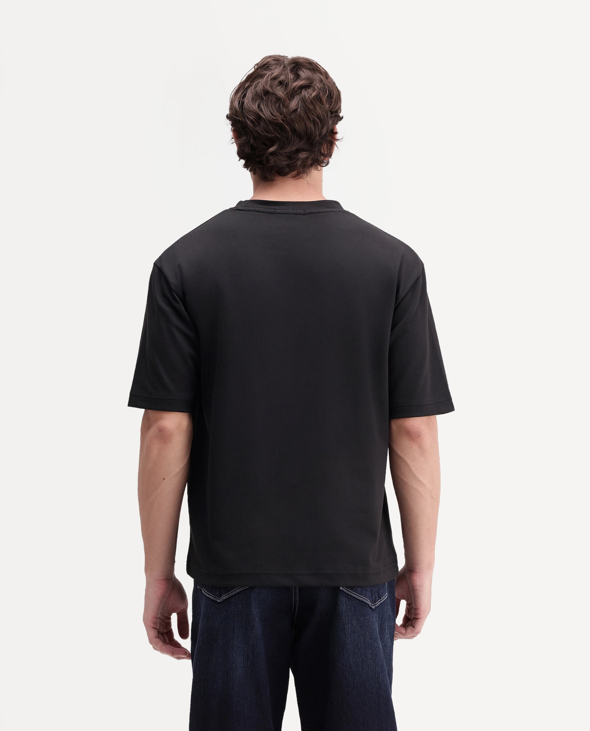 Rare Rabbit Men's Kopa Primary Black Cotton Blend Crew Neck Regular Plain T-Shirt