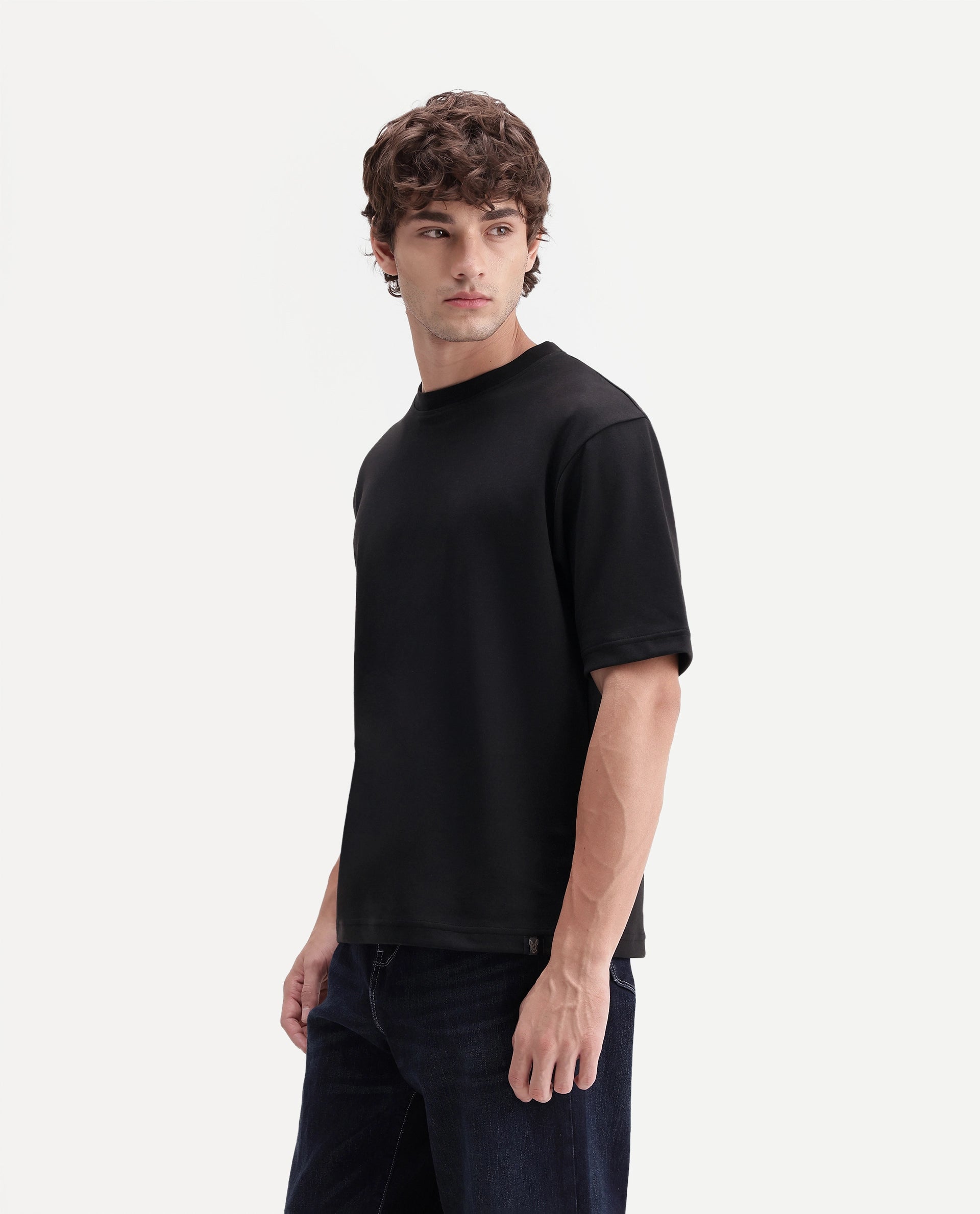 Rare Rabbit Men's Kopa Primary Black Cotton Blend Crew Neck Regular Plain T-Shirt