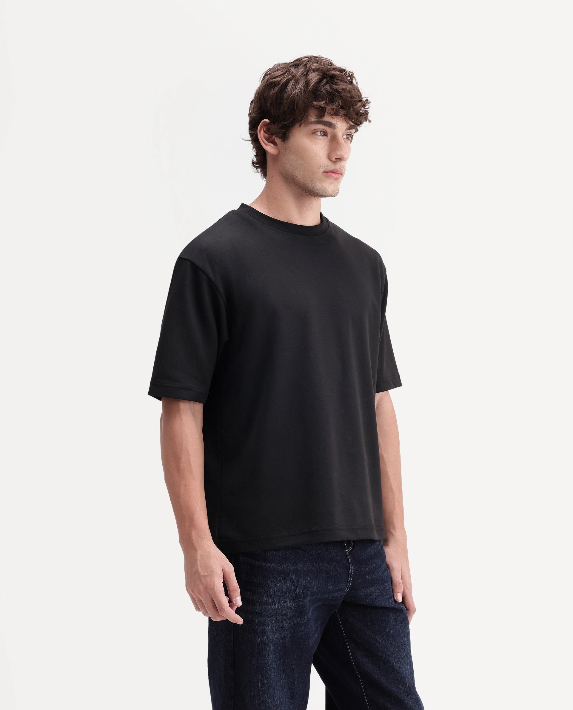 Rare Rabbit Men's Kopa Primary Black Cotton Blend Crew Neck Regular Plain T-Shirt