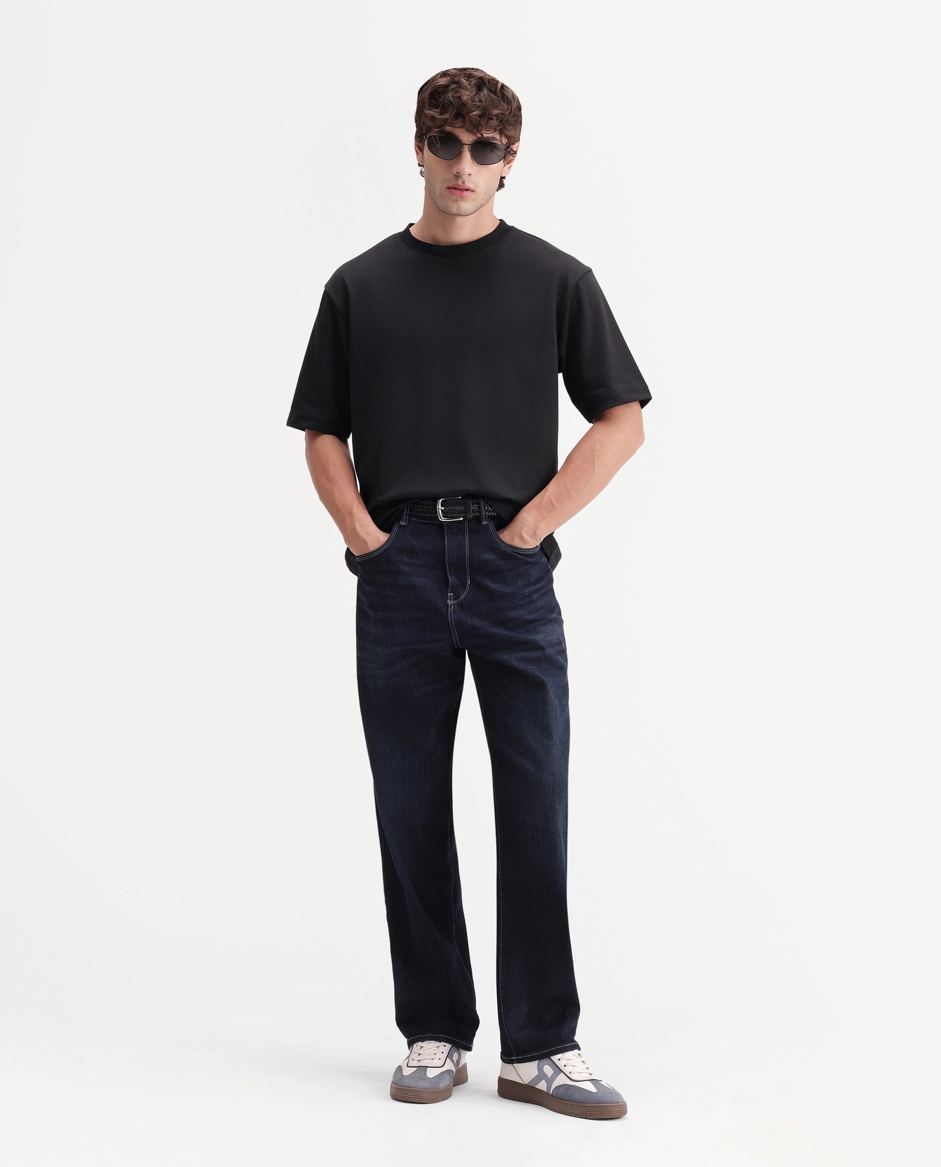 Rare Rabbit Men's Kopa Primary Black Cotton Blend Crew Neck Regular Plain T-Shirt