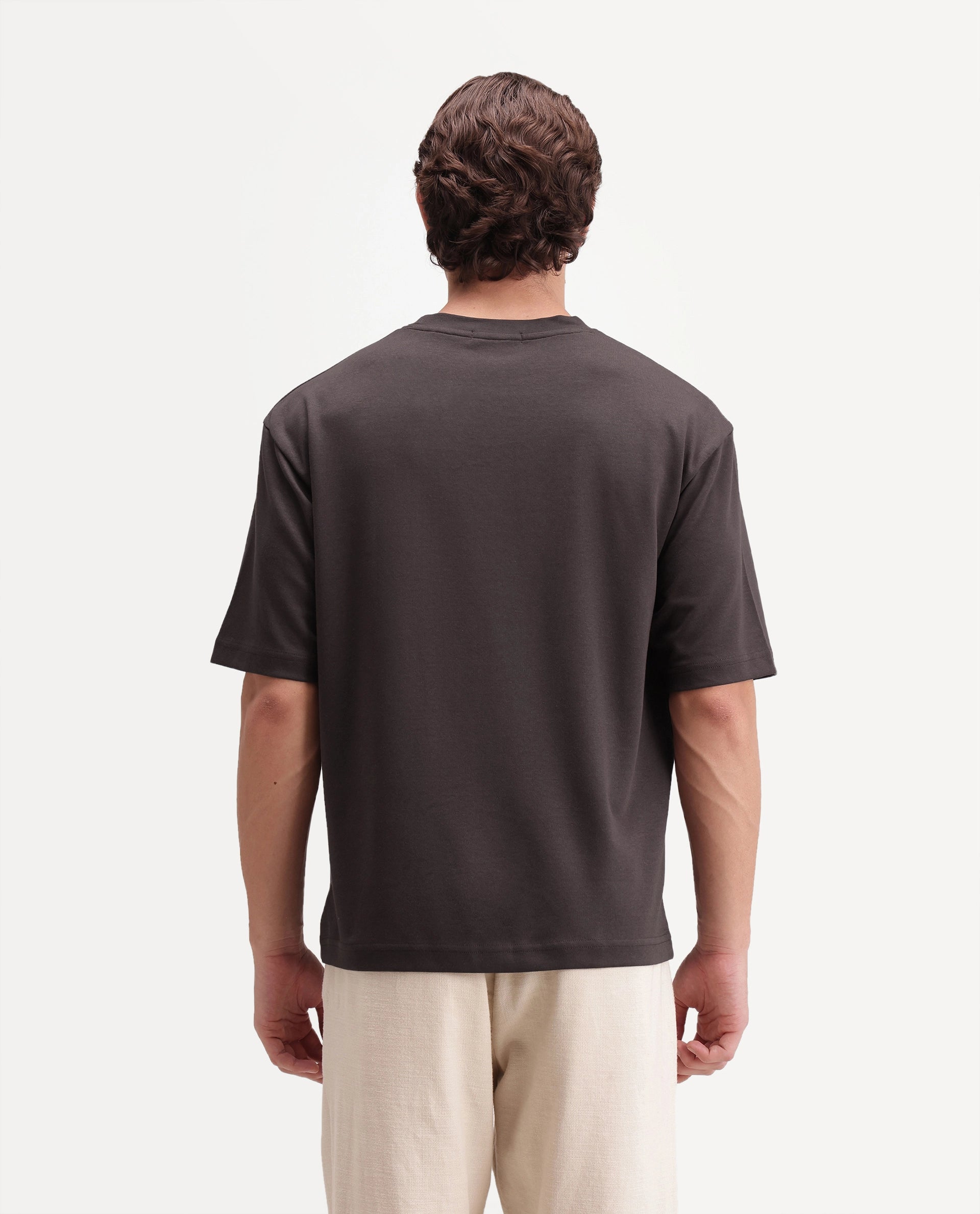 Rare Rabbit Men's Kopa Dark Brown Cotton Blend Crew Neck Regular Plain T-Shirt