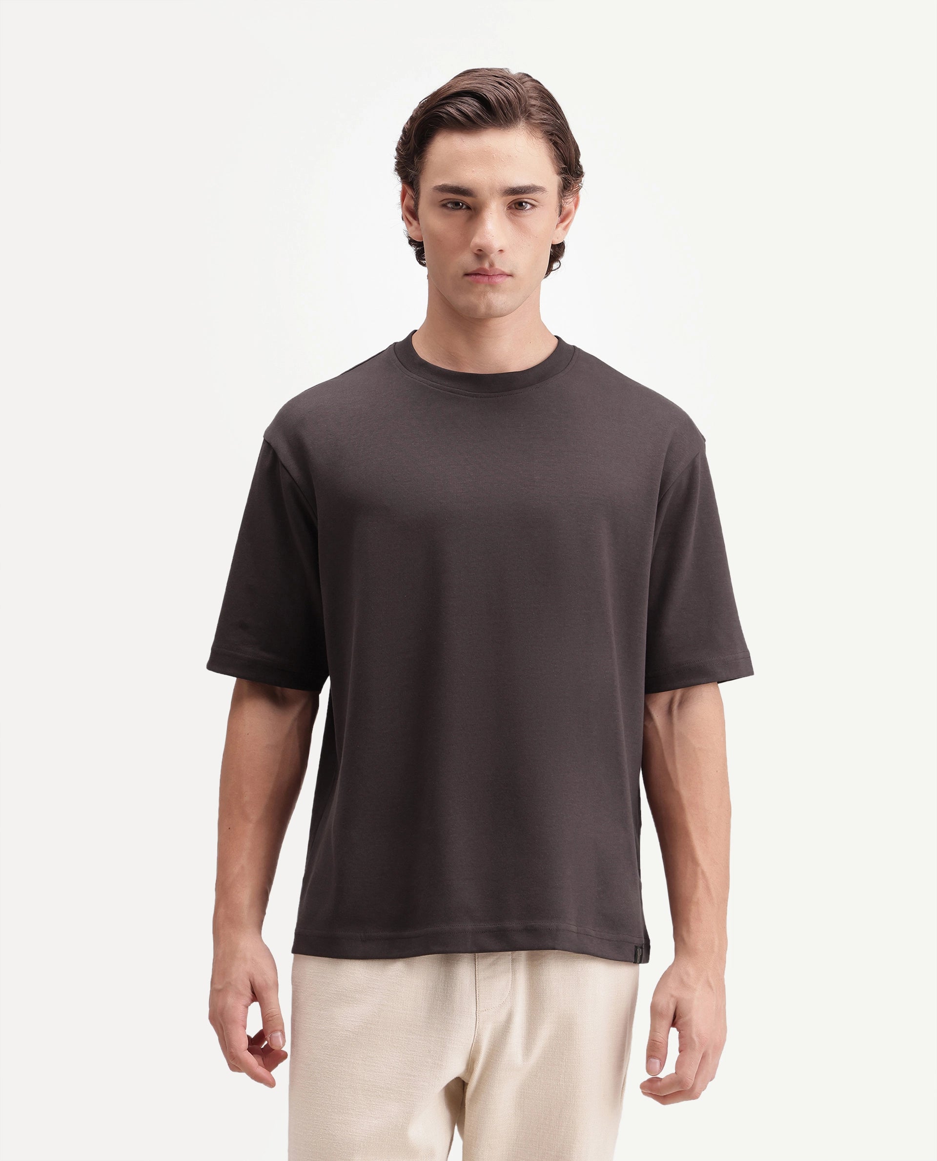 Rare Rabbit Men's Kopa Dark Brown Cotton Blend Crew Neck Regular Plain T-Shirt