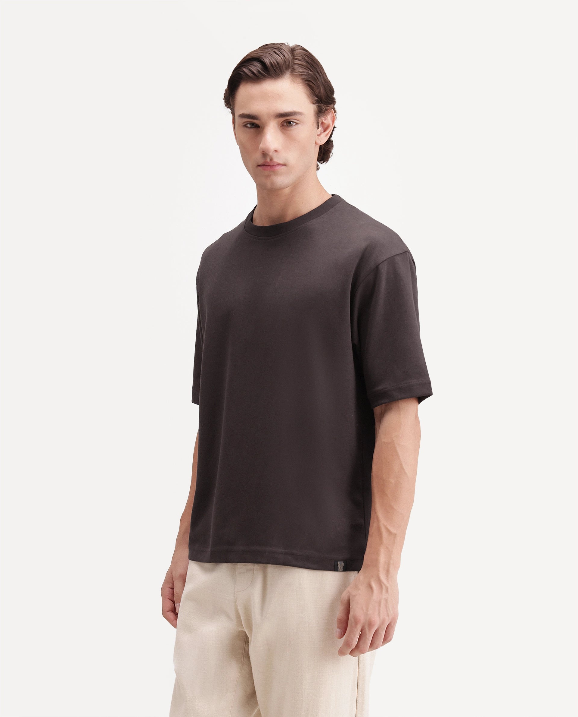 Rare Rabbit Men's Kopa Dark Brown Cotton Blend Crew Neck Regular Plain T-Shirt