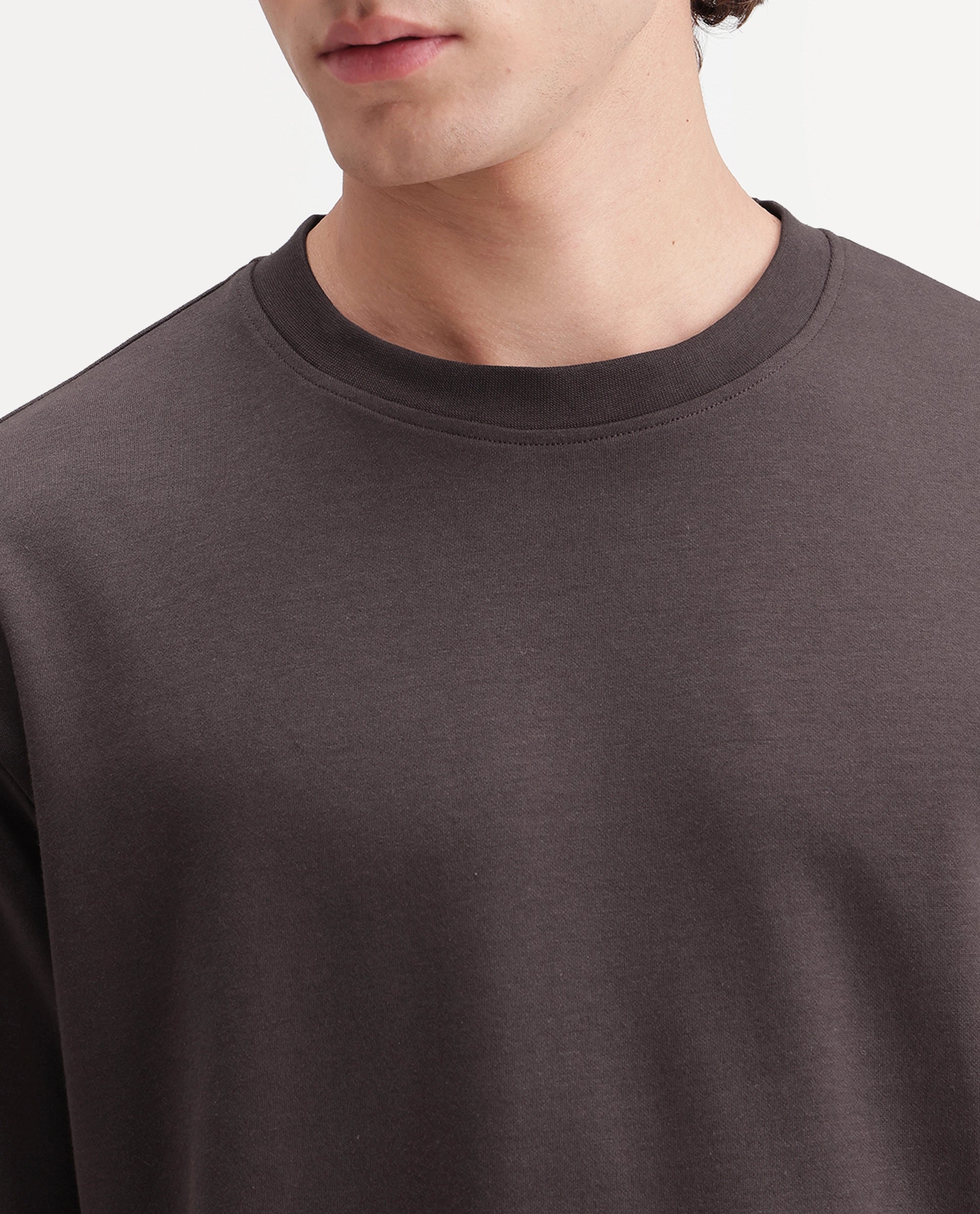 Rare Rabbit Men's Kopa Dark Brown Cotton Blend Crew Neck Regular Plain T-Shirt