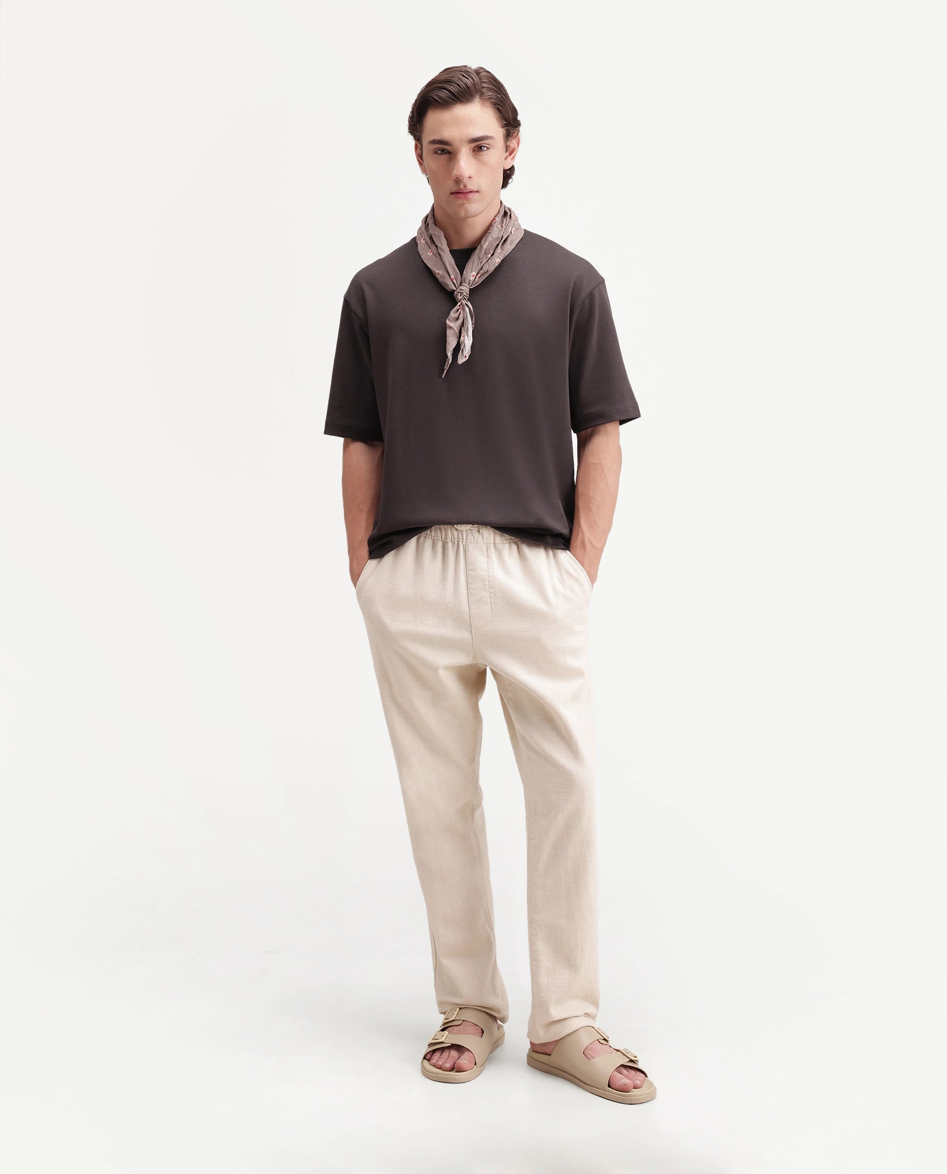Rare Rabbit Men's Kopa Dark Brown Cotton Blend Crew Neck Regular Plain T-Shirt
