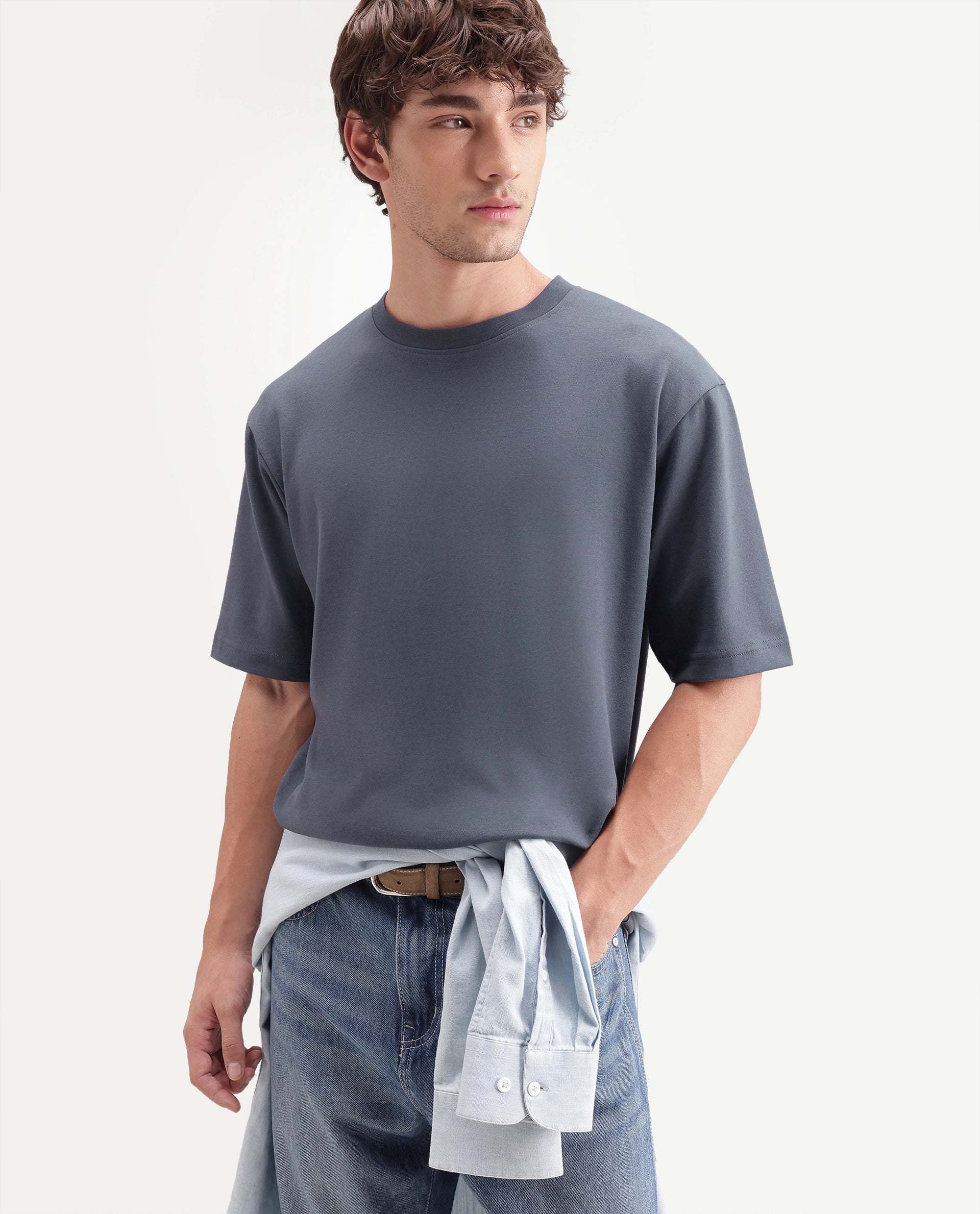 Rare Rabbit Men's Kopa Dark Grey Cotton Blend Crew Neck Regular Plain T-Shirt