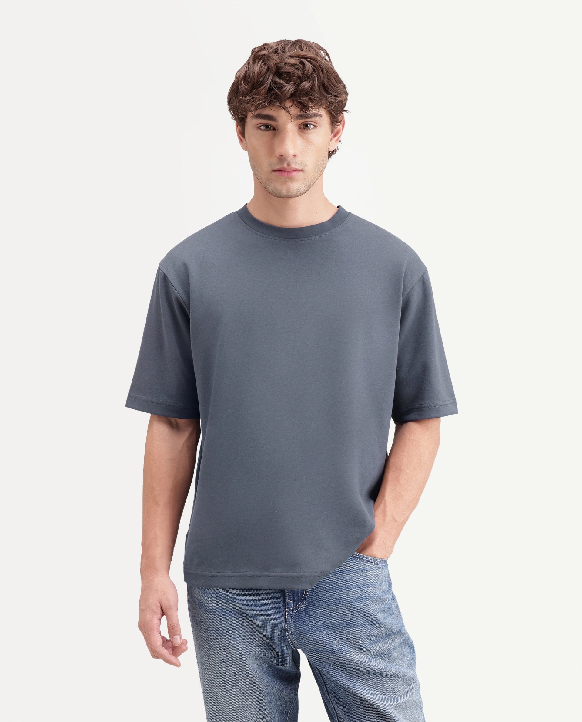 Rare Rabbit Men's Kopa Dark Grey Cotton Blend Crew Neck Regular Plain T-Shirt