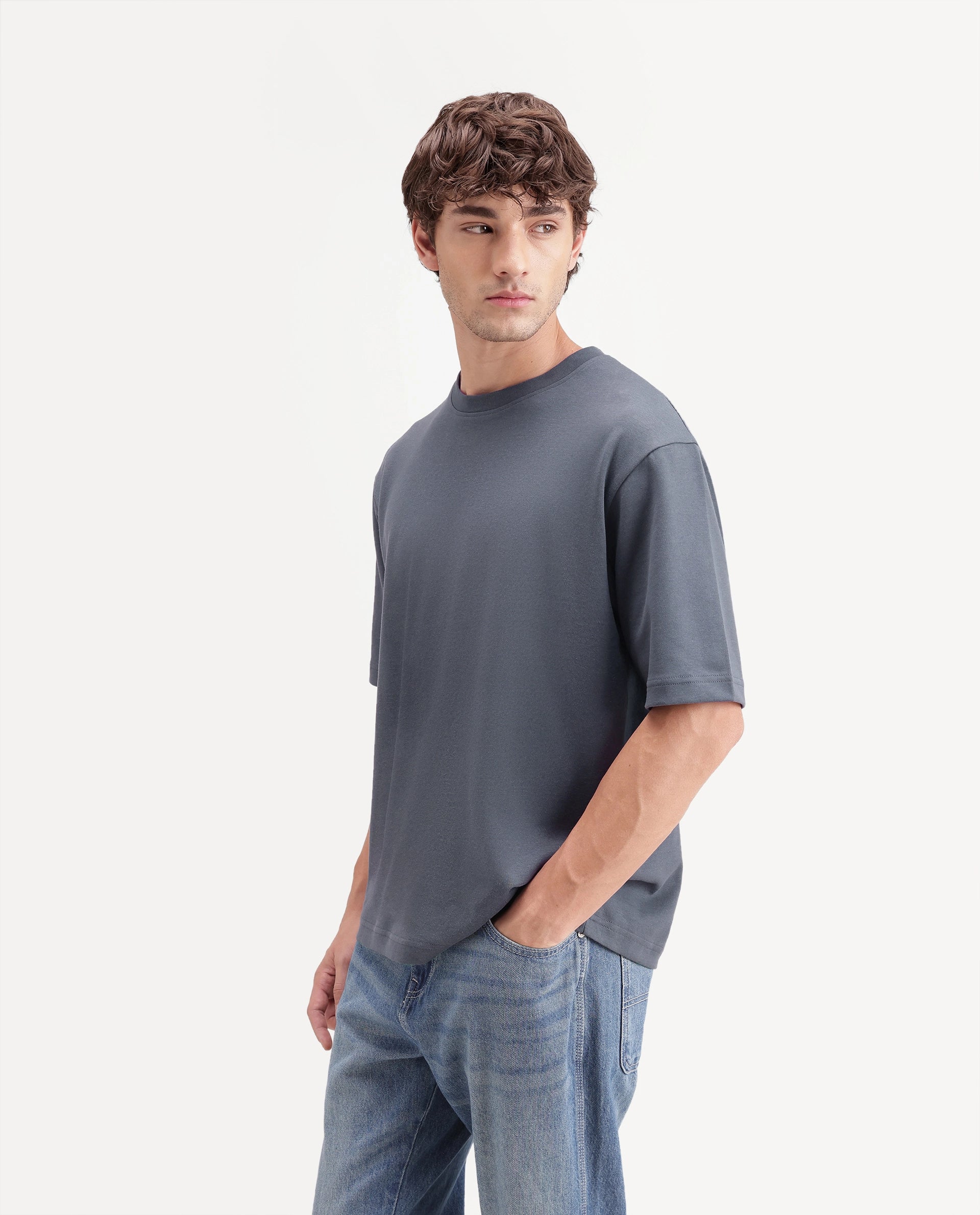 Rare Rabbit Men's Kopa Dark Grey Cotton Blend Crew Neck Regular Plain T-Shirt