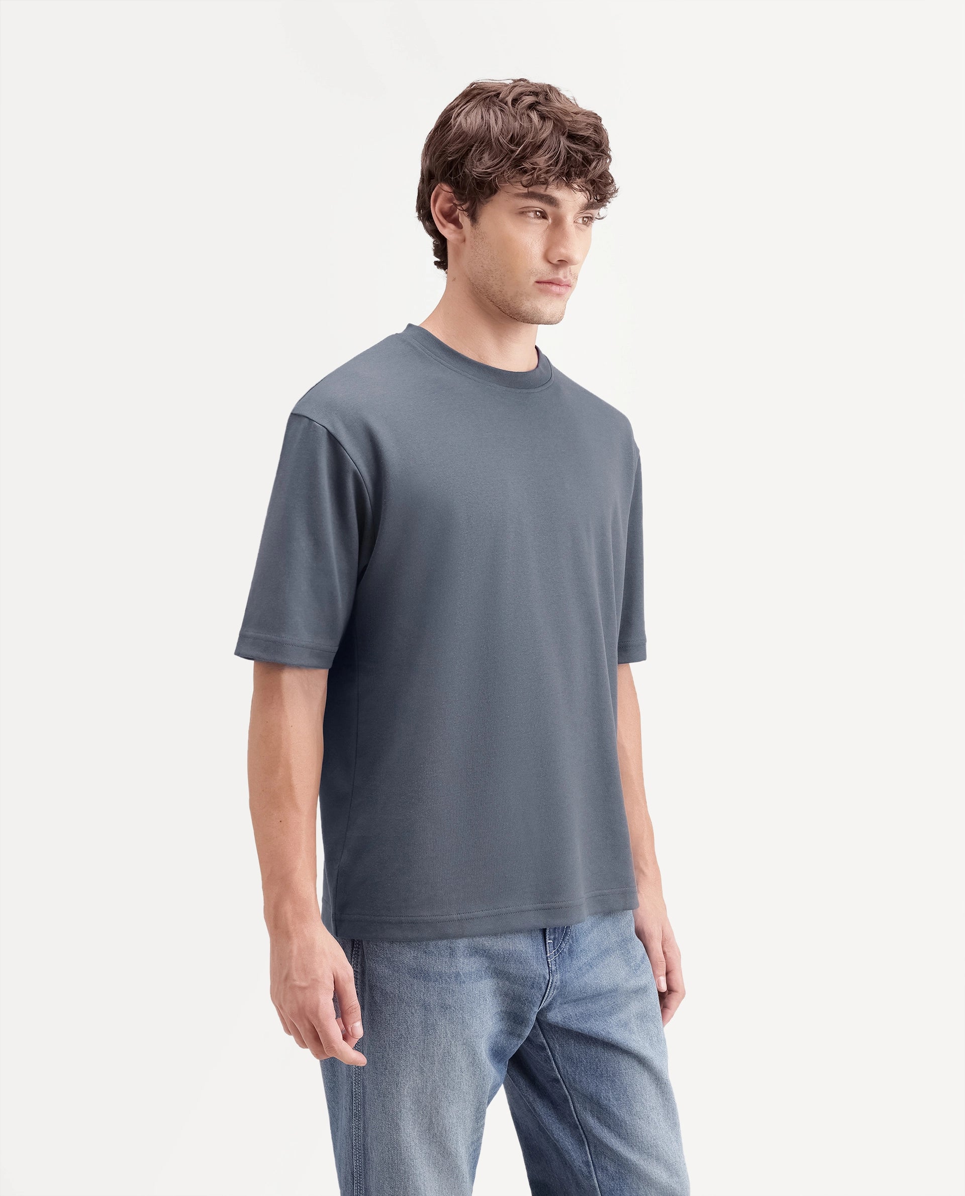 Rare Rabbit Men's Kopa Dark Grey Cotton Blend Crew Neck Regular Plain T-Shirt