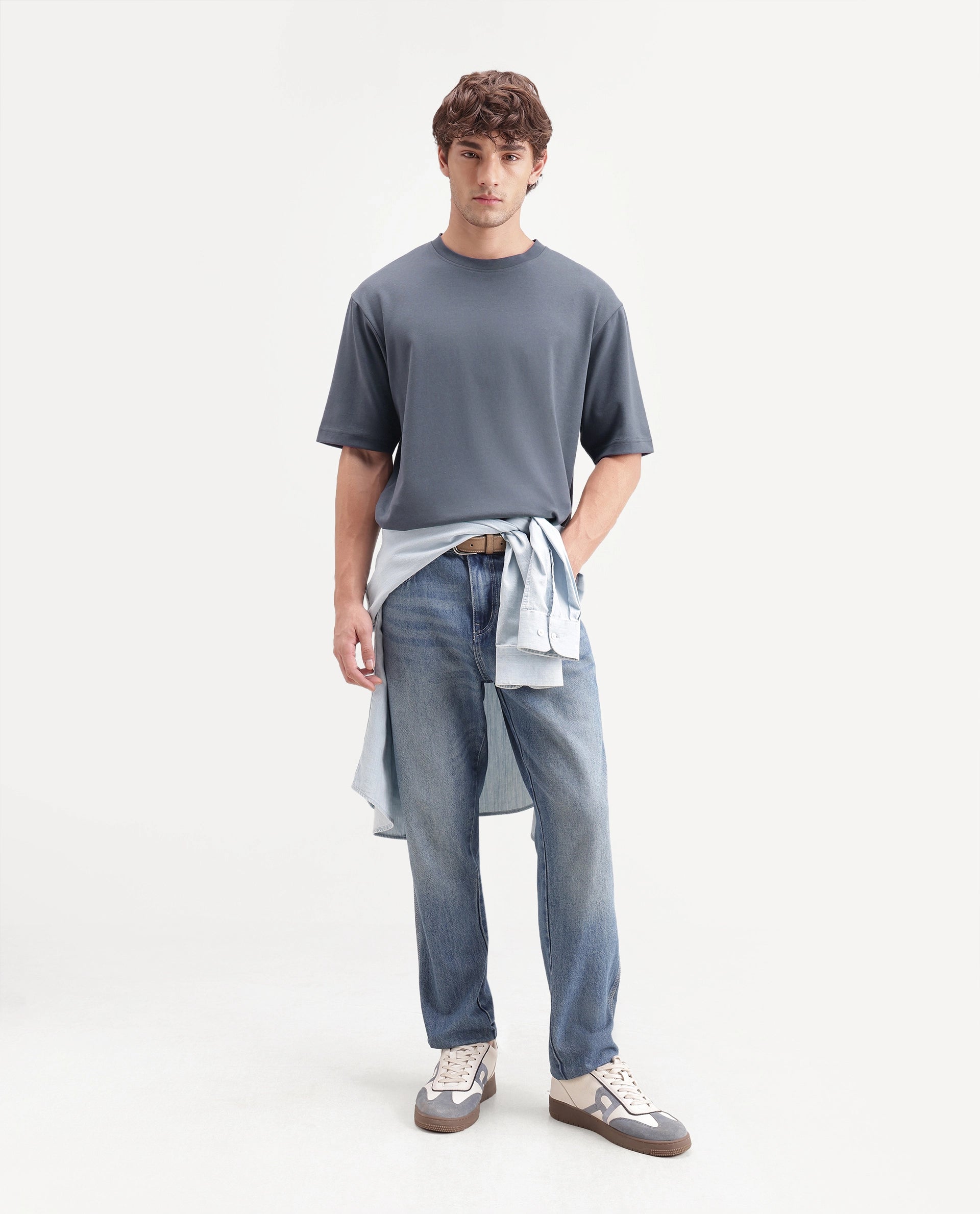 Rare Rabbit Men's Kopa Dark Grey Cotton Blend Crew Neck Regular Plain T-Shirt