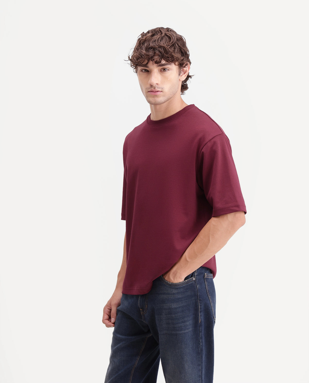 Rare Rabbit Men's Kopa Primary Maroon Cotton Blend Crew Neck Regular Plain T-Shirt