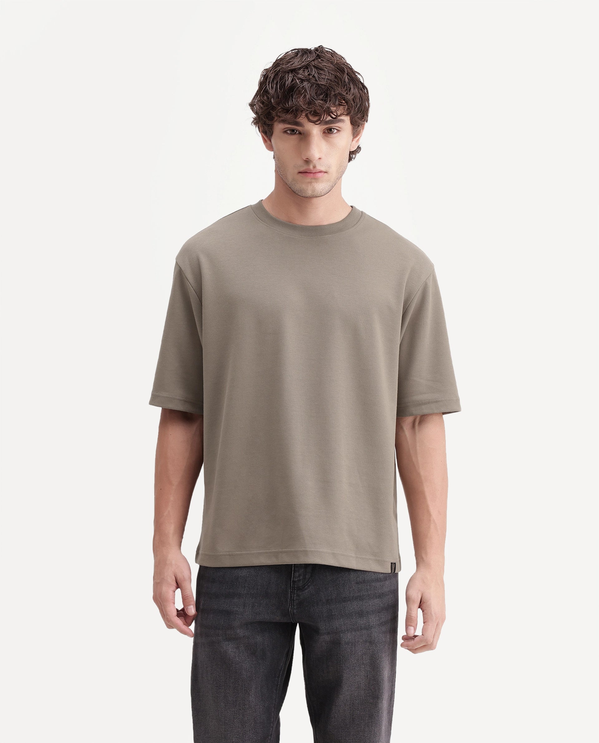 Rare Rabbit Men's Kopa Primary Olive Cotton Blend Crew Neck Regular Plain T-Shirt