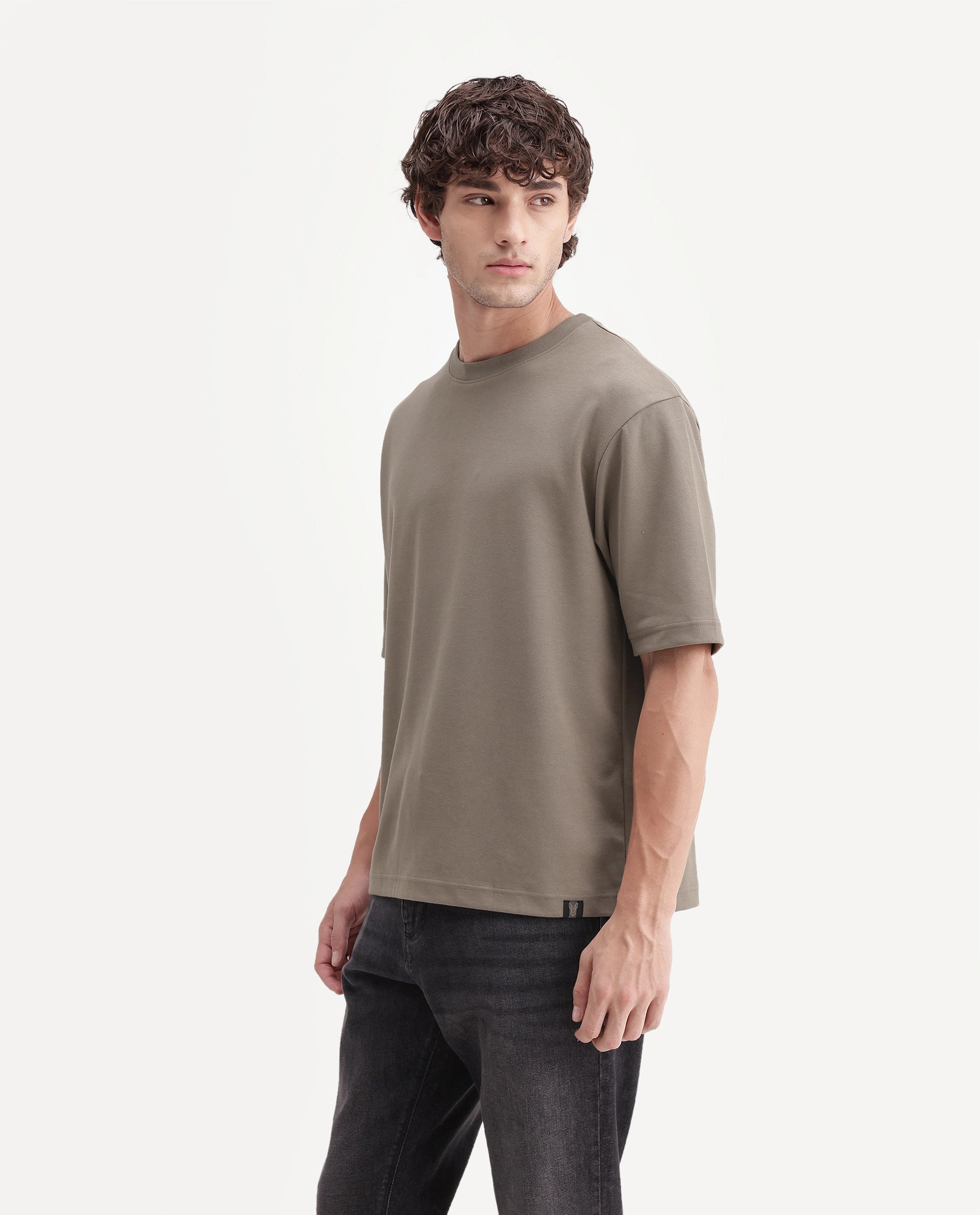 Rare Rabbit Men's Kopa Primary Olive Cotton Blend Crew Neck Regular Plain T-Shirt