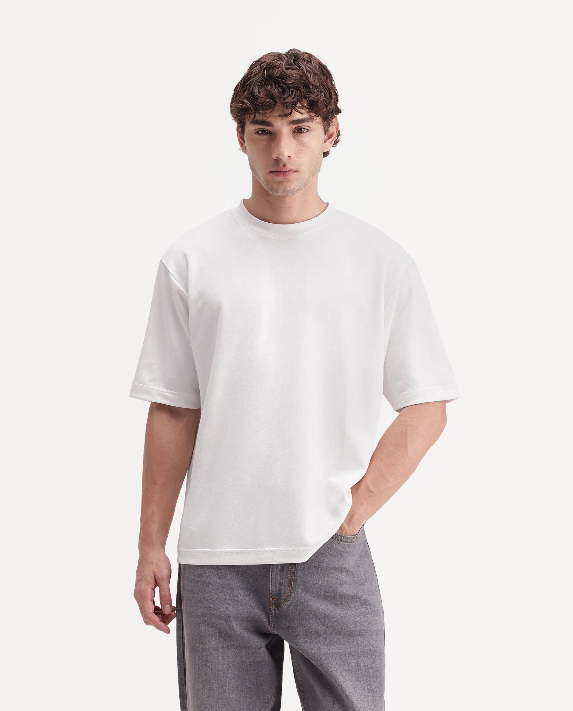 Rare Rabbit Men's Kopa Primary White Cotton Blend Crew Neck Regular Plain T-Shirt