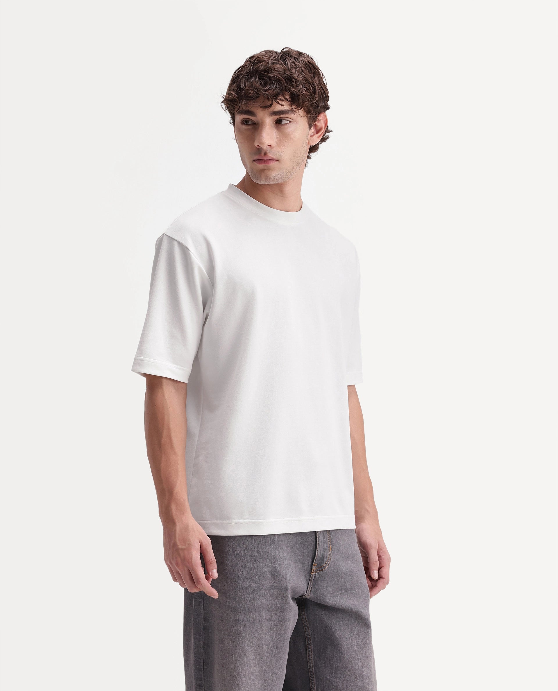 Rare Rabbit Men's Kopa Primary White Cotton Blend Crew Neck Regular Plain T-Shirt