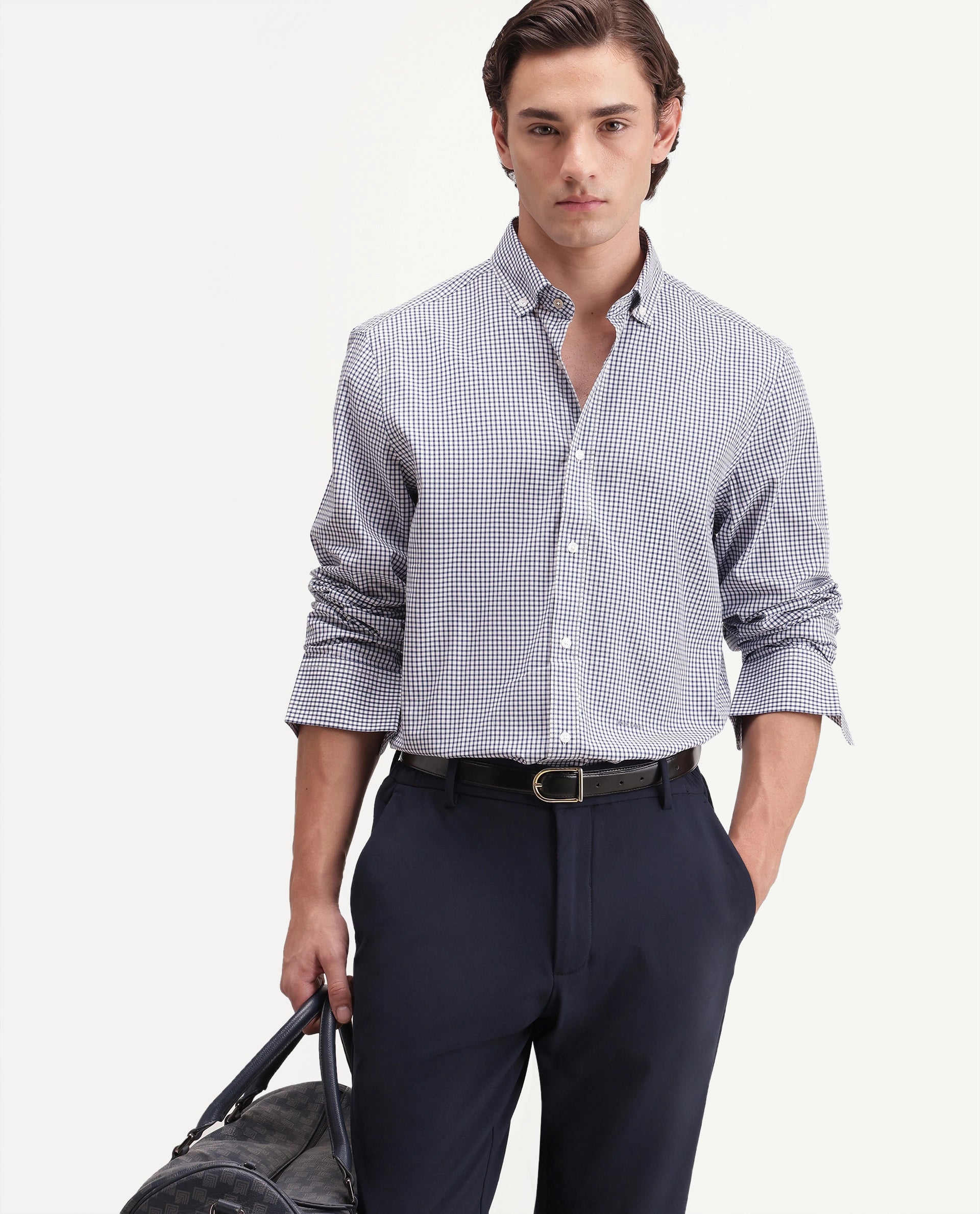 Rare Rabbit Men's Drv Navy Cotton Blend Button-down Collar Regular Checked Shirt