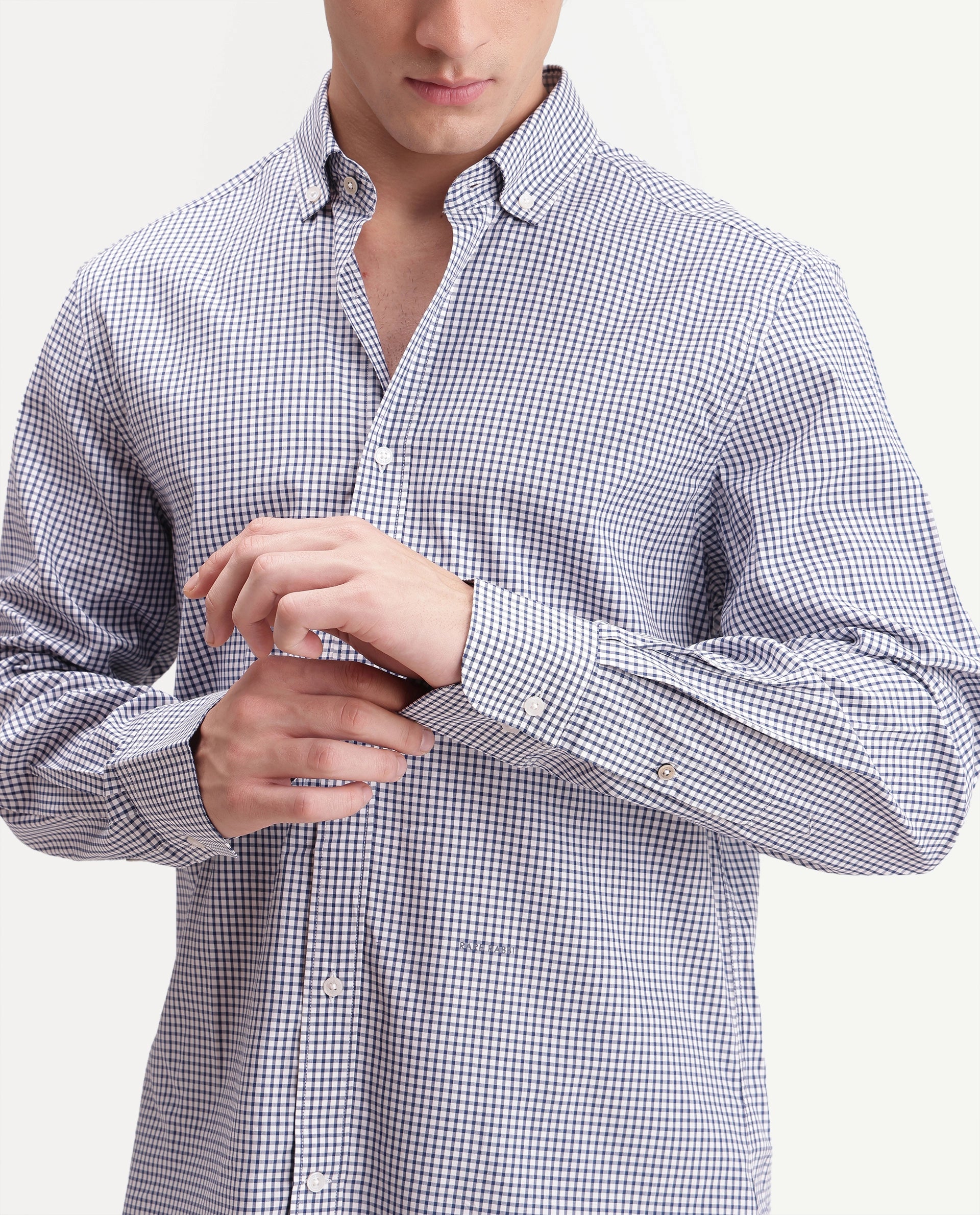 Rare Rabbit Men's Drv Navy Cotton Blend Button-down Collar Regular Checked Shirt