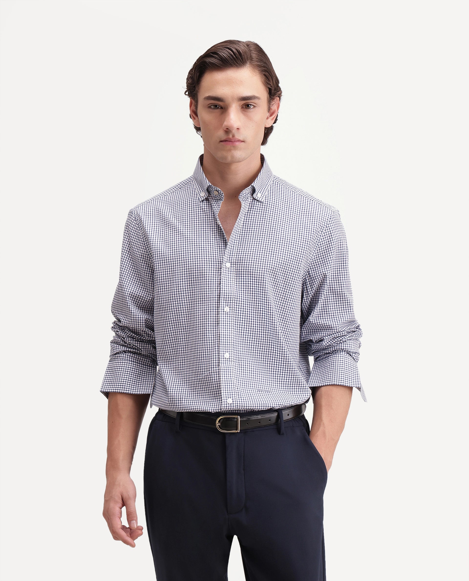 Rare Rabbit Men's Drv Navy Cotton Blend Button-down Collar Regular Checked Shirt