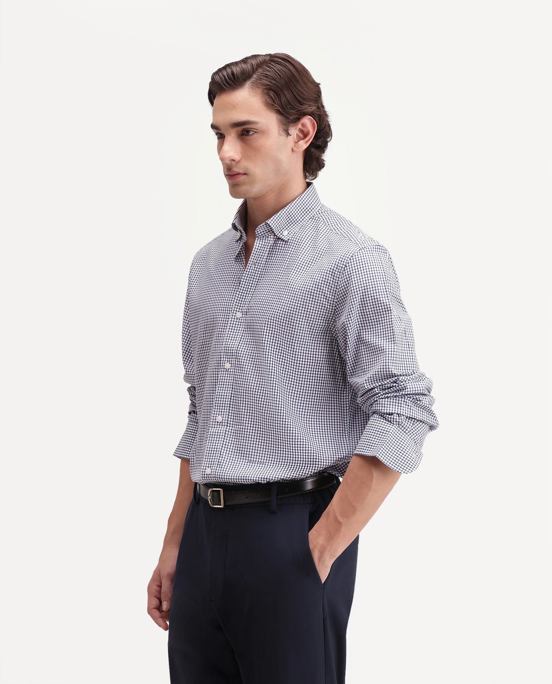 Rare Rabbit Men's Drv Navy Cotton Blend Button-down Collar Regular Checked Shirt