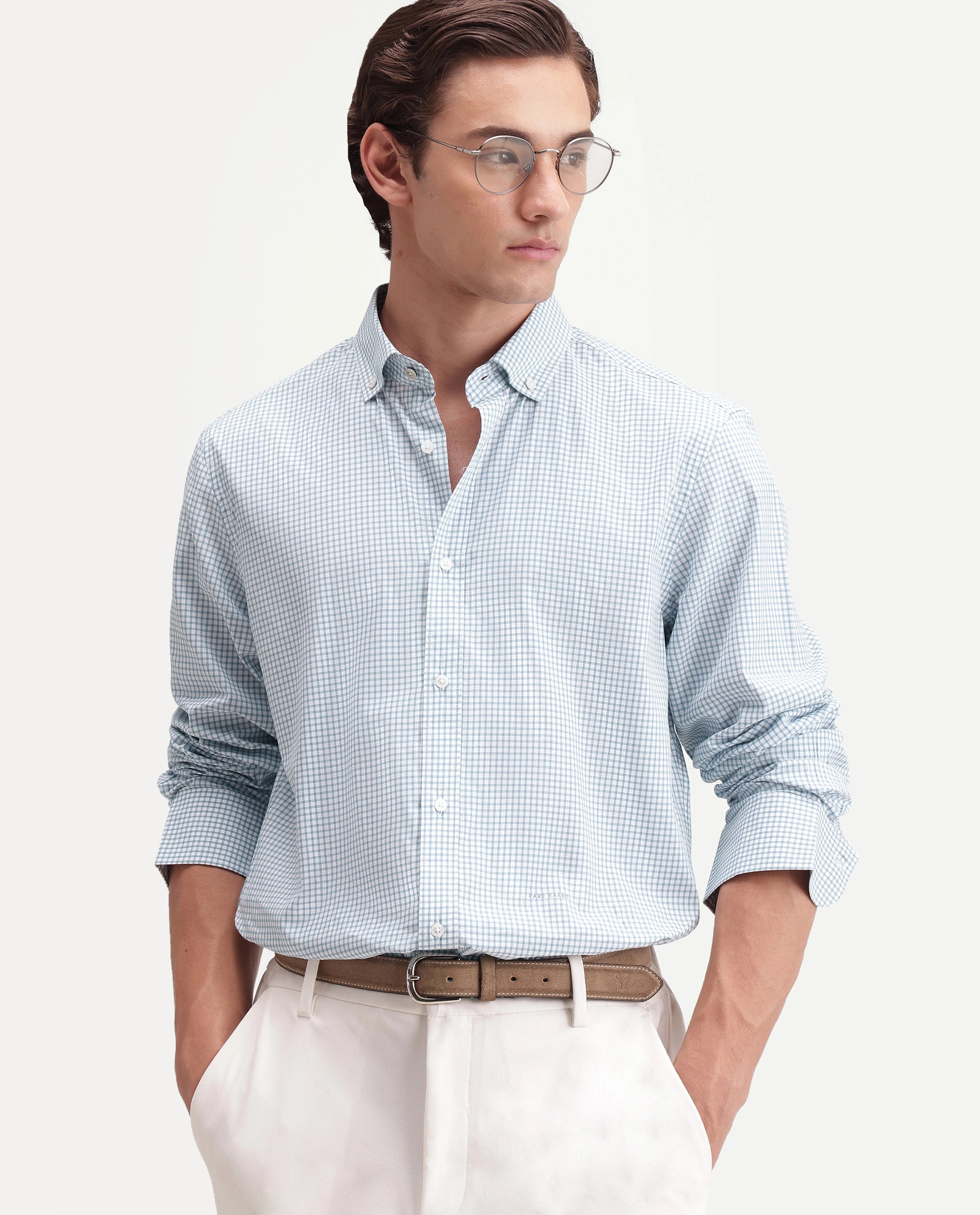 Rare Rabbit Men's Drv Light Blue Cotton Blend Button-down Collar Regular Checked Shirt