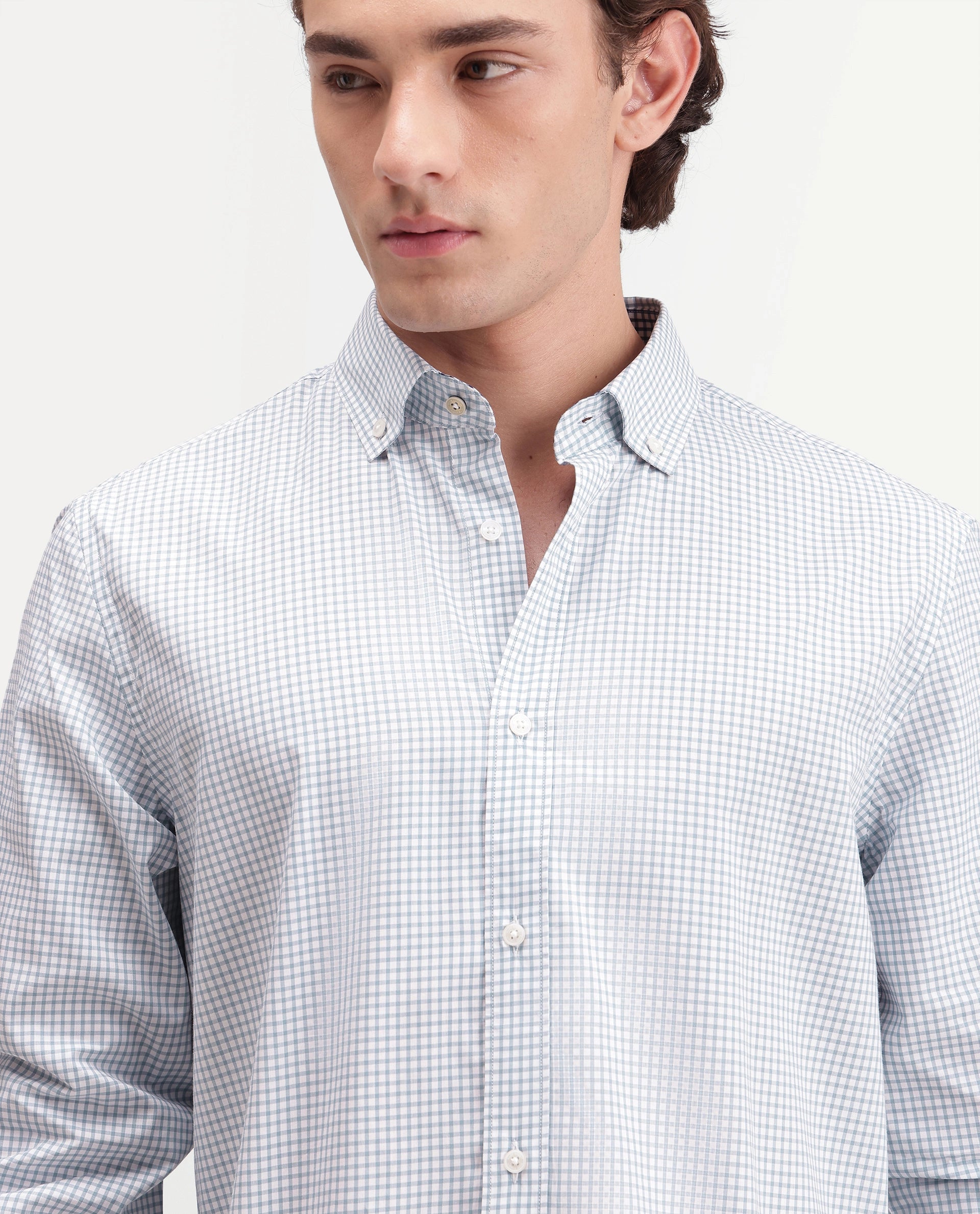 Rare Rabbit Men's Drv Light Blue Cotton Blend Button-down Collar Regular Checked Shirt