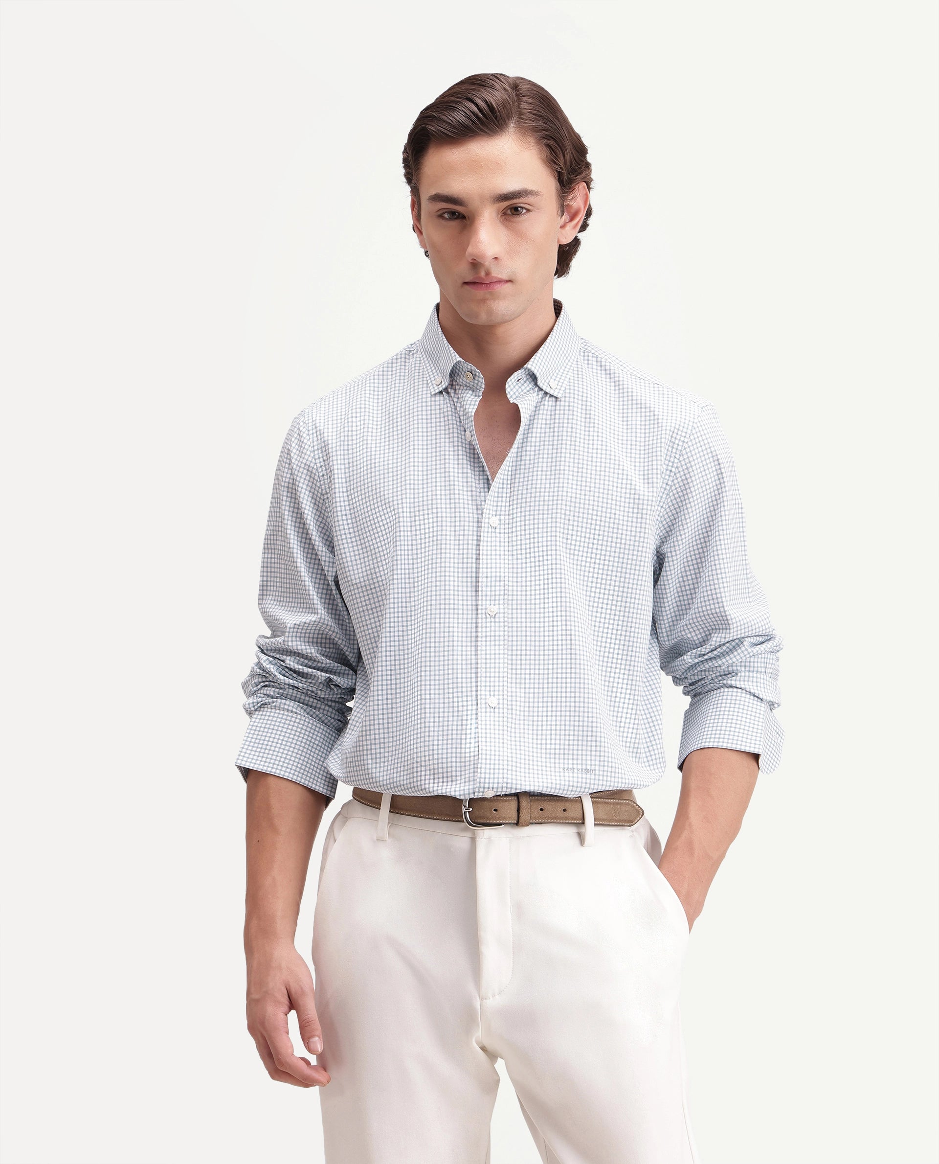Rare Rabbit Men's Drv Light Blue Cotton Blend Button-down Collar Regular Checked Shirt