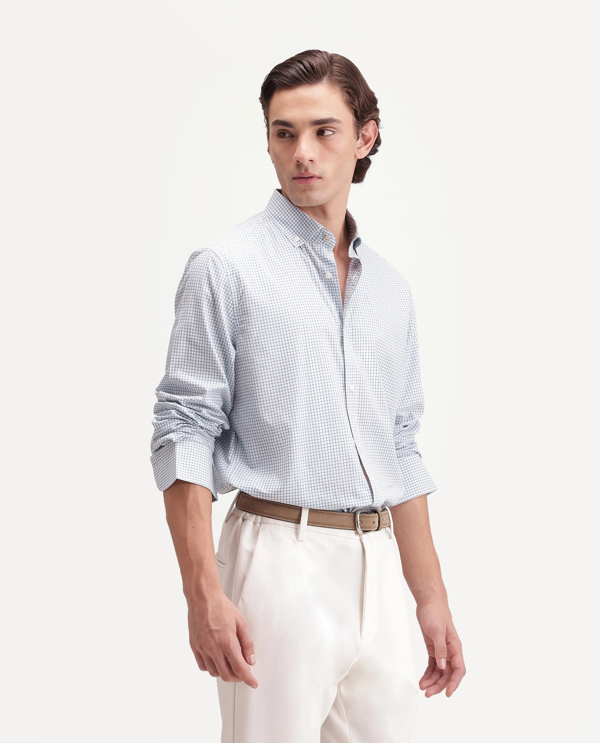 Rare Rabbit Men's Drv Light Blue Cotton Blend Button-down Collar Regular Checked Shirt