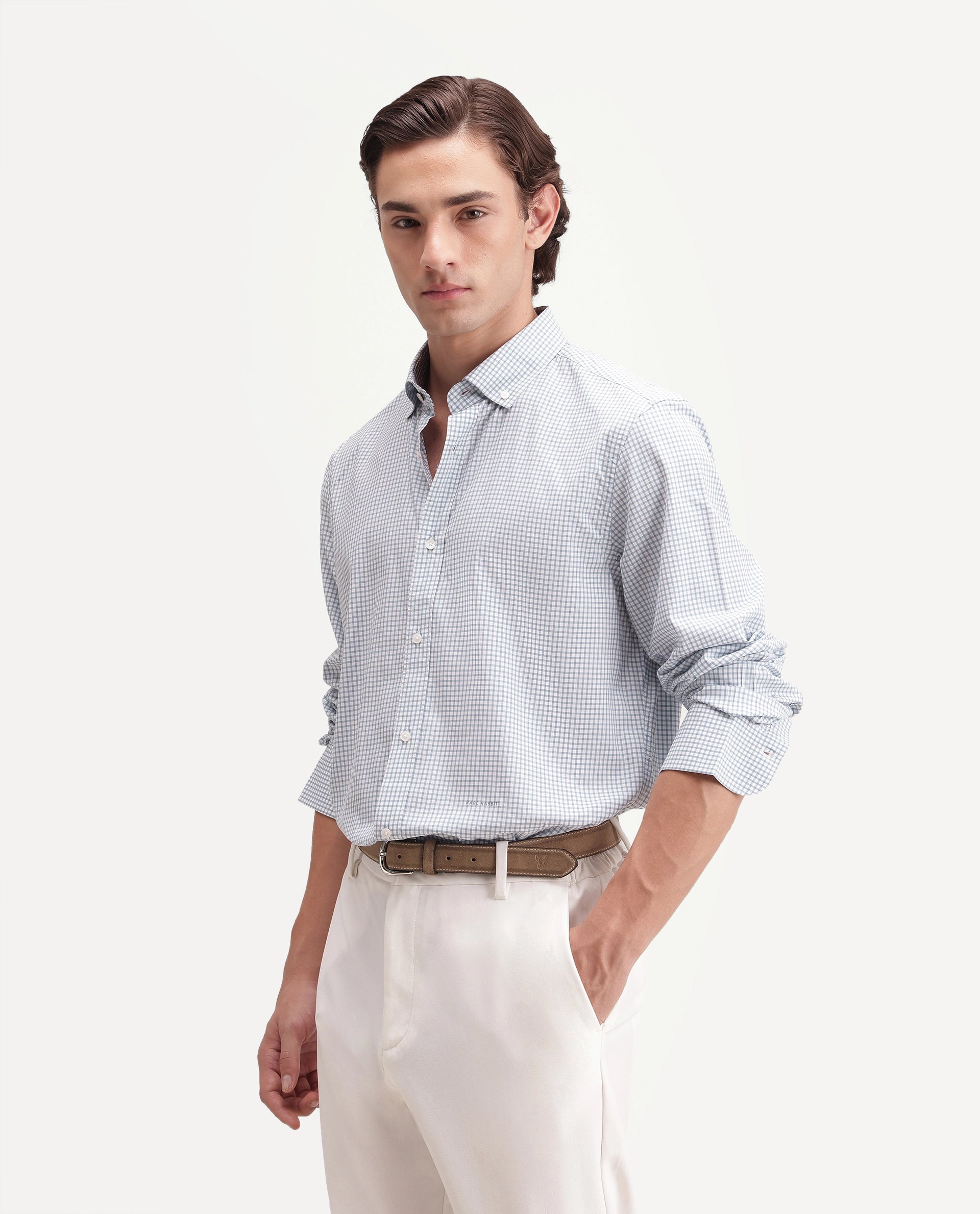 Rare Rabbit Men's Drv Light Blue Cotton Blend Button-down Collar Regular Checked Shirt