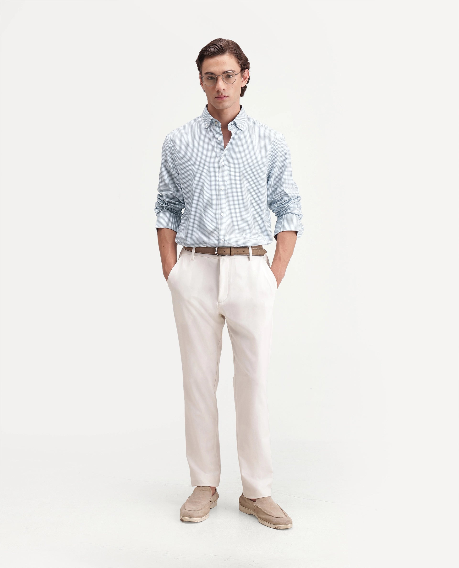 Rare Rabbit Men's Drv Light Blue Cotton Blend Button-down Collar Regular Checked Shirt