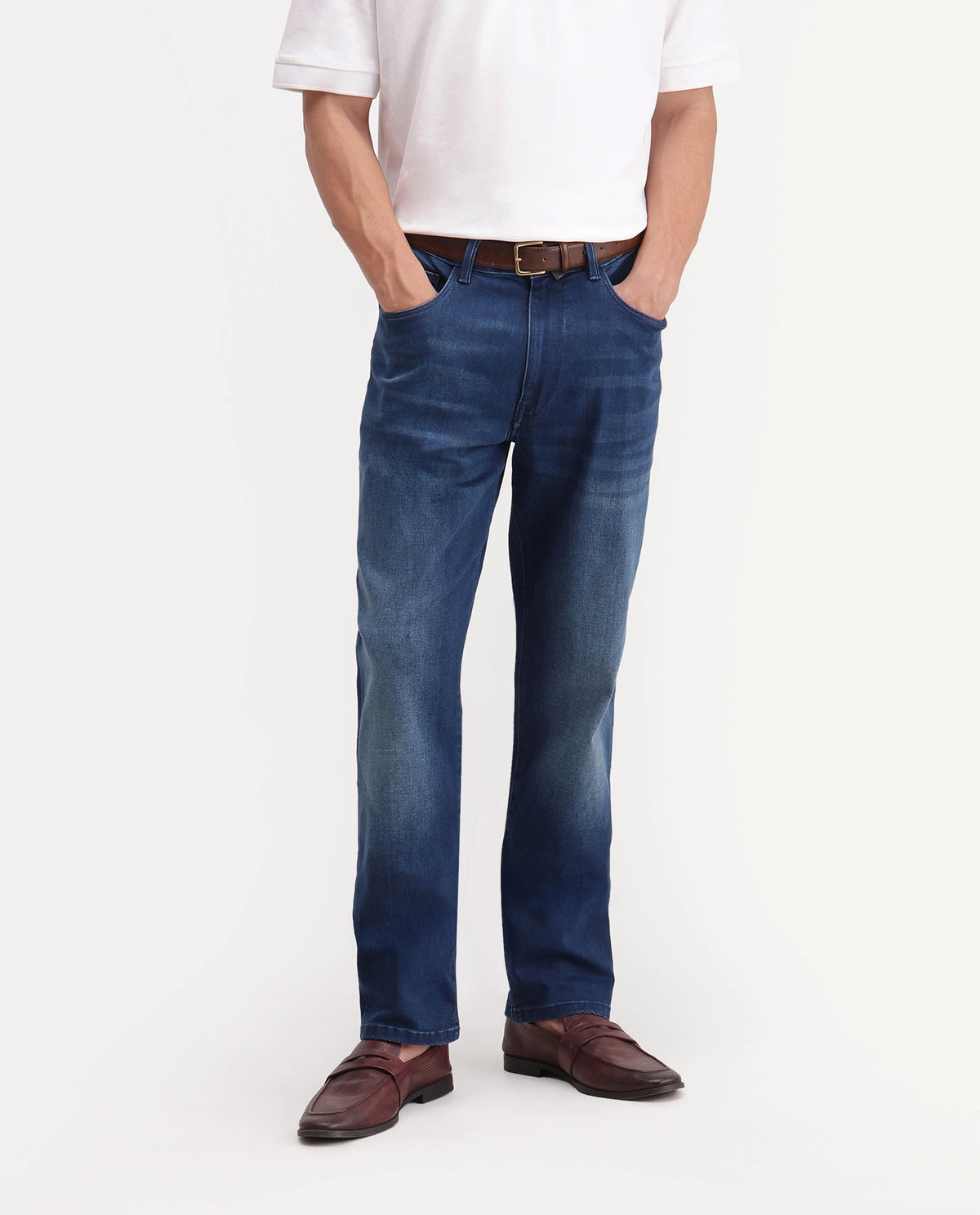 Rare Rabbit Men's Slig 1 Primary Blue Cotton Blend Morris Regular Plain Jeans