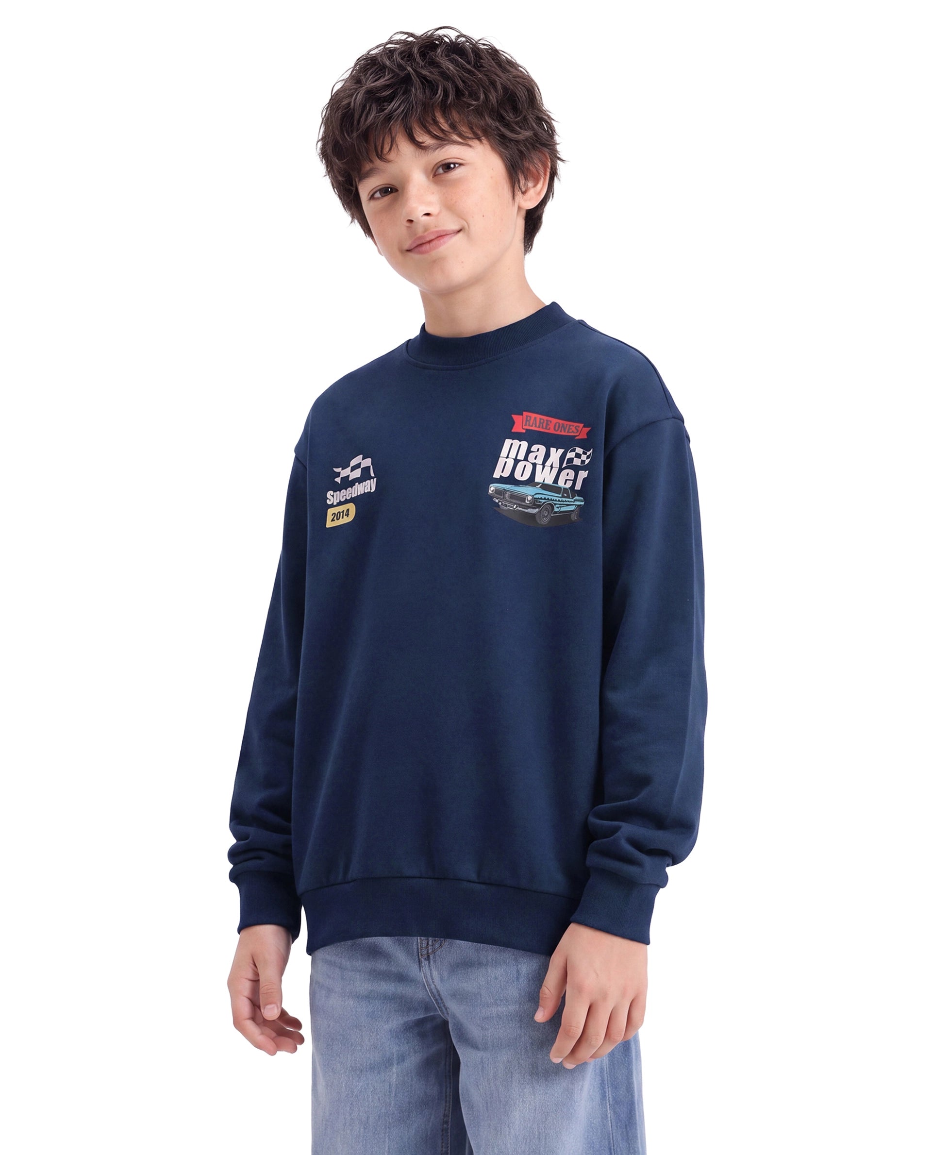 Rare Ones Kids Benny Dark Blue Cotton Blend Fabric Crew Neck Pull-On Closure Oversized Fit Hd Print Sweatshirt