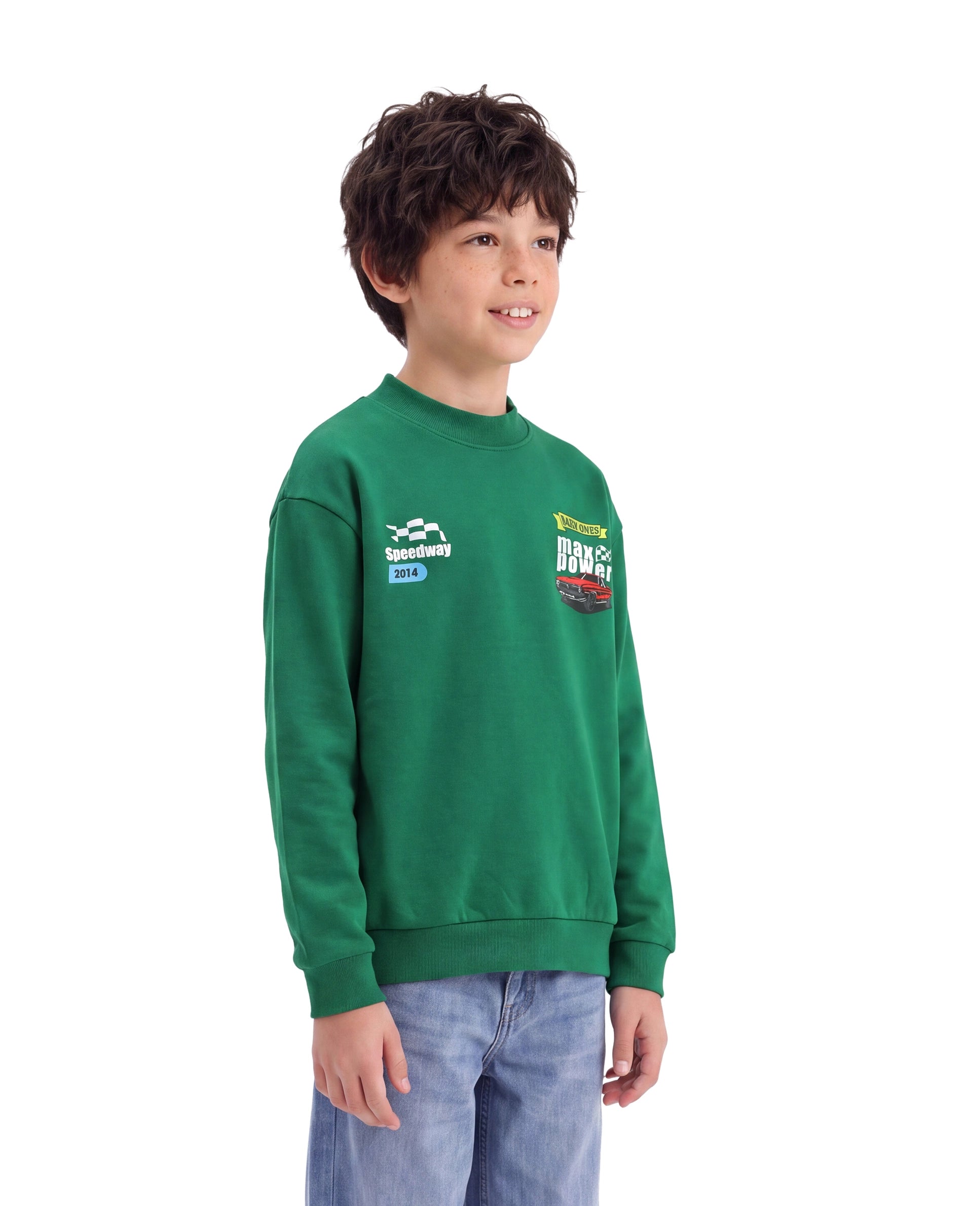 Rare Ones Kids Benny Dark Green Cotton Blend Fabric Crew Neck Pull-On Closure Oversized Fit Hd Print Sweatshirt