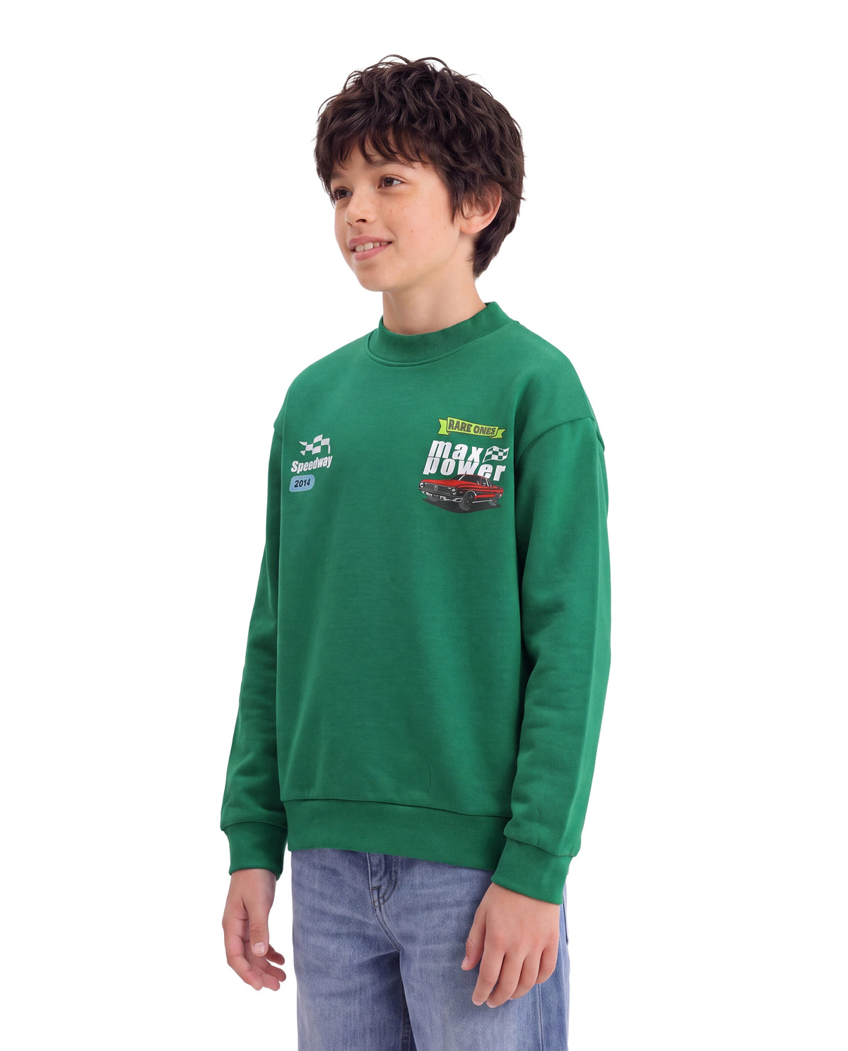 Rare Ones Kids Benny Dark Green Cotton Blend Fabric Crew Neck Pull-On Closure Oversized Fit Hd Print Sweatshirt