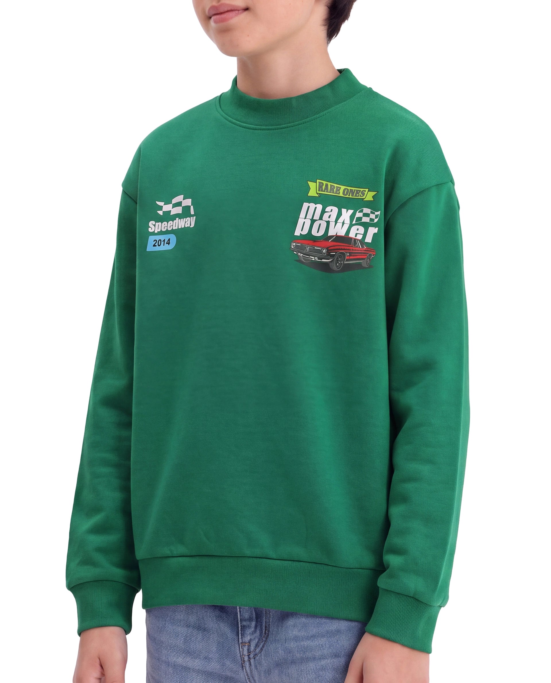 Rare Ones Kids Benny Dark Green Cotton Blend Fabric Crew Neck Pull-On Closure Oversized Fit Hd Print Sweatshirt