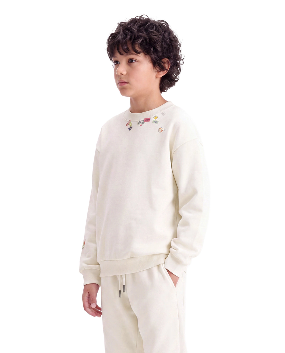 Rare Ones Kids Silo Off White Cotton Blend Fabric Crew Neck Pull-On Closure Oversized Fit Sticker Print Sweatshirt