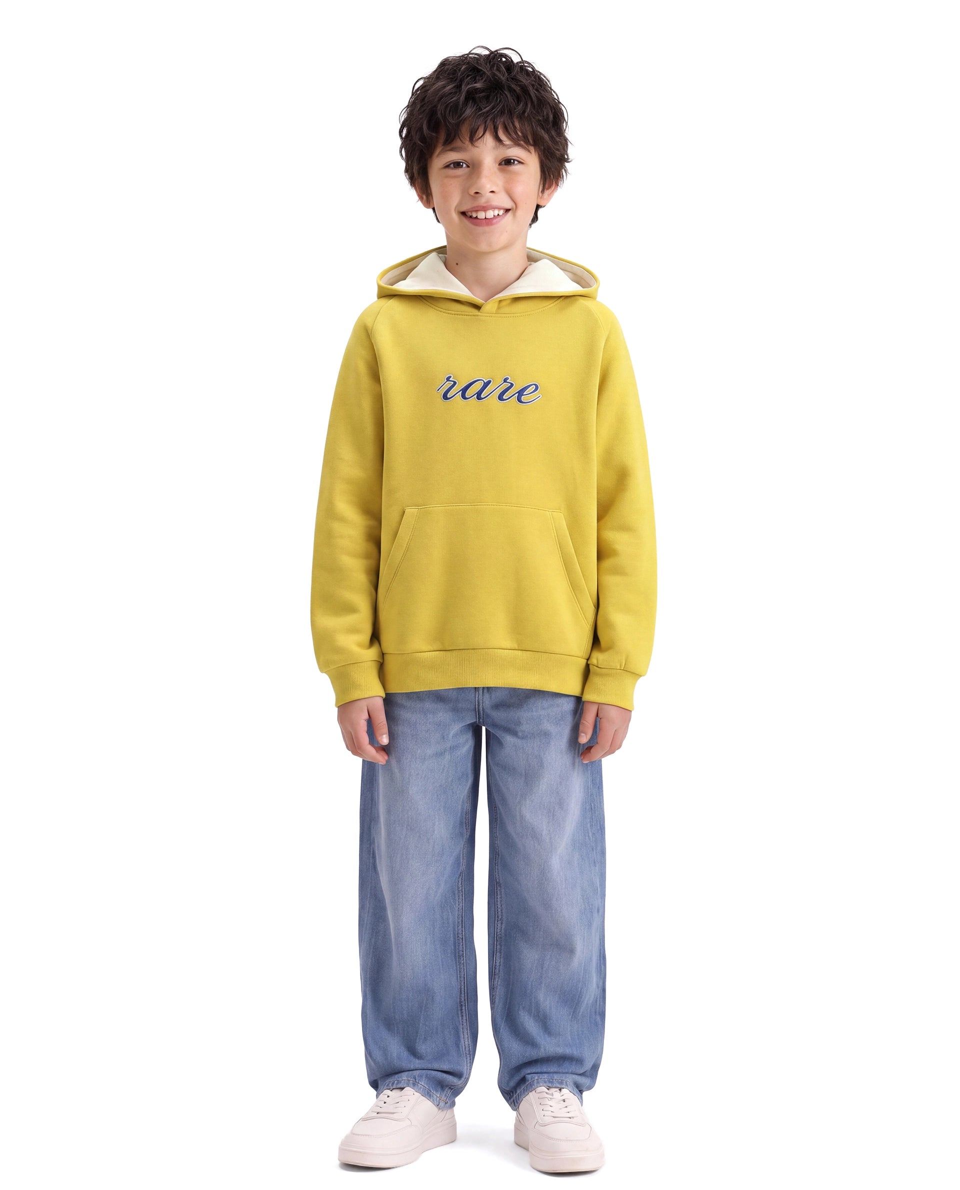 Rare Ones Kids Reo Dark Yellow Cotton Blend Fabric Hooded Pull-On Closure Regular Fit Typography Print Sweatshirt