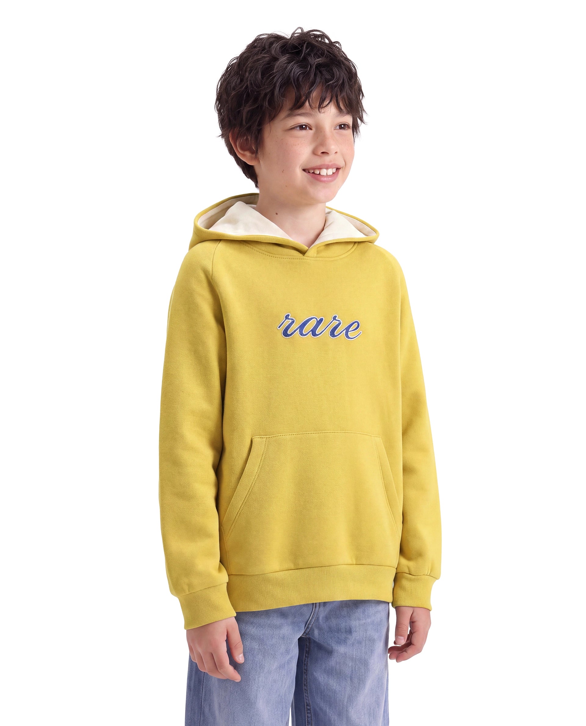 Rare Ones Kids Reo Dark Yellow Cotton Blend Fabric Hooded Pull-On Closure Regular Fit Typography Print Sweatshirt
