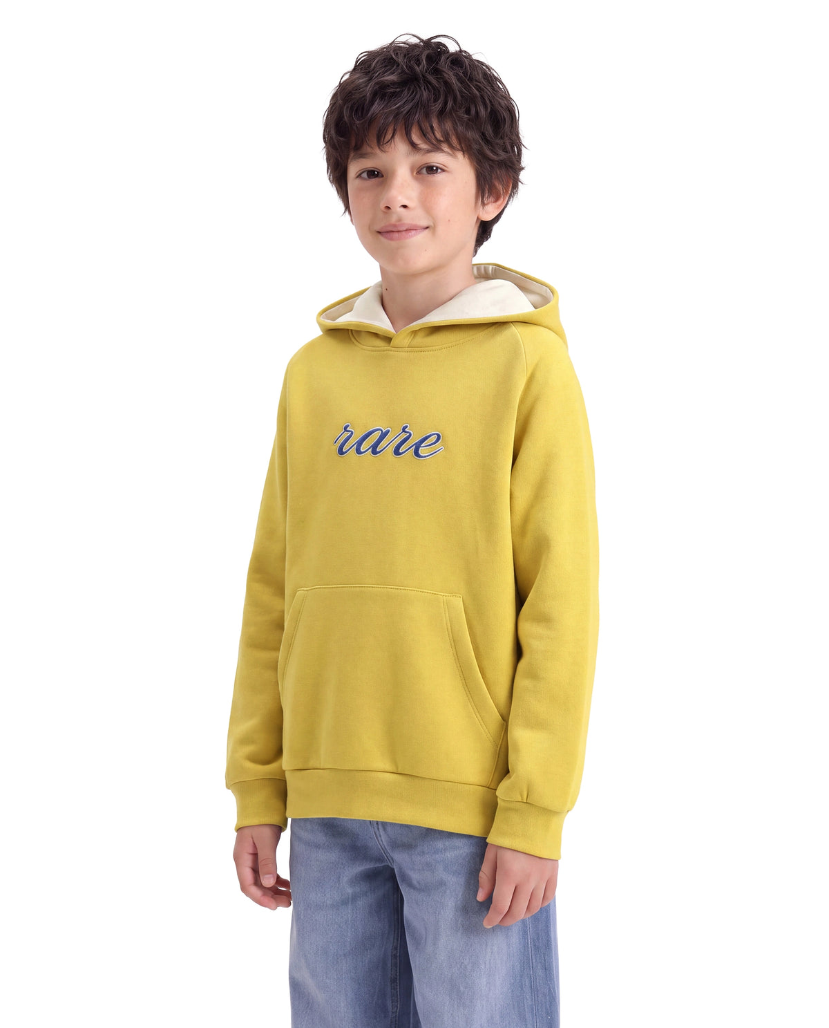 Rare Ones Kids Reo Dark Yellow Cotton Blend Fabric Hooded Pull-On Closure Regular Fit Typography Print Sweatshirt