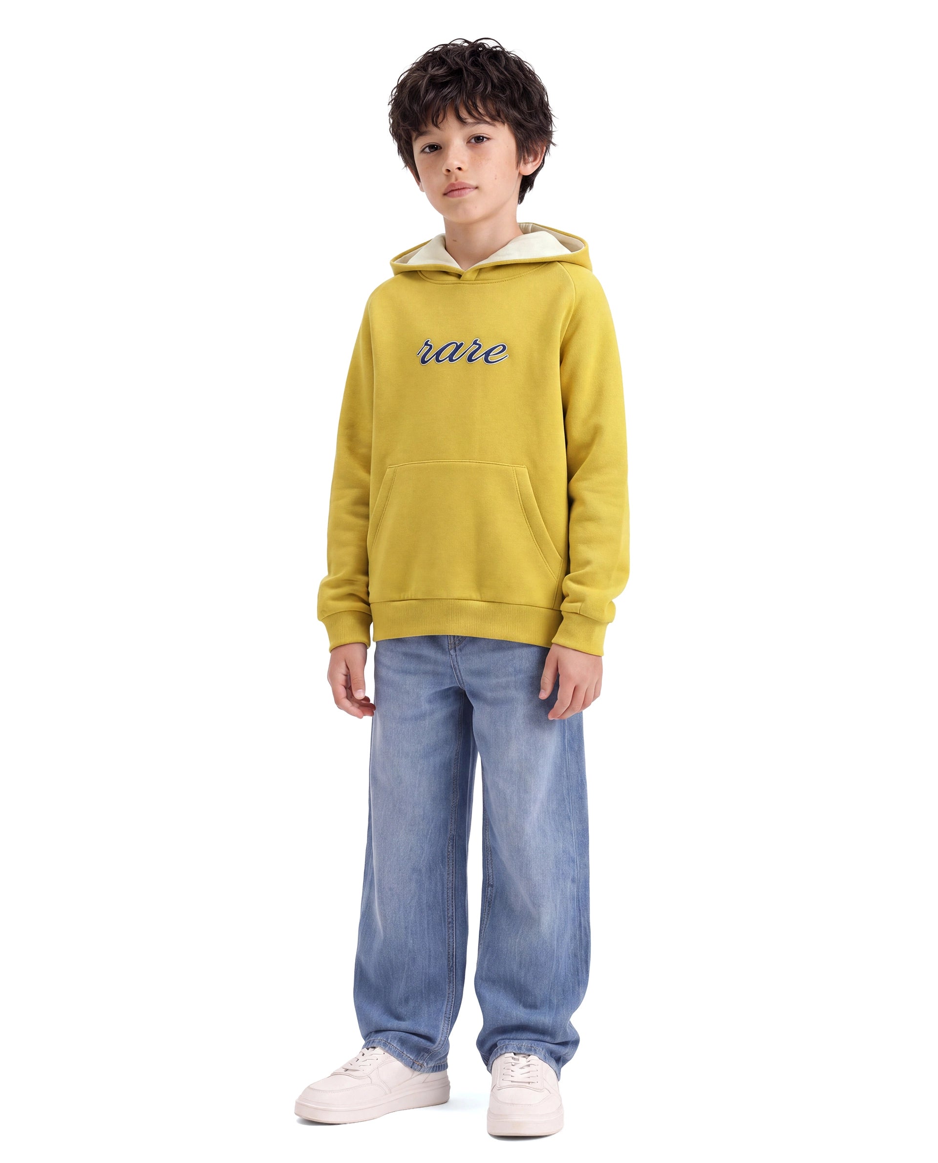 Rare Ones Kids Reo Dark Yellow Cotton Blend Fabric Hooded Pull-On Closure Regular Fit Typography Print Sweatshirt