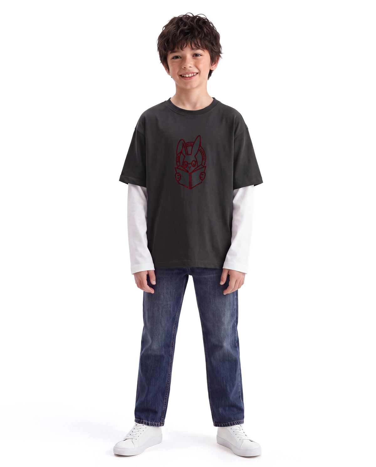 Rare Ones Kids Finch Grey Cotton Fabric Pull-On Oversized Fit Graphic Print T-Shirt