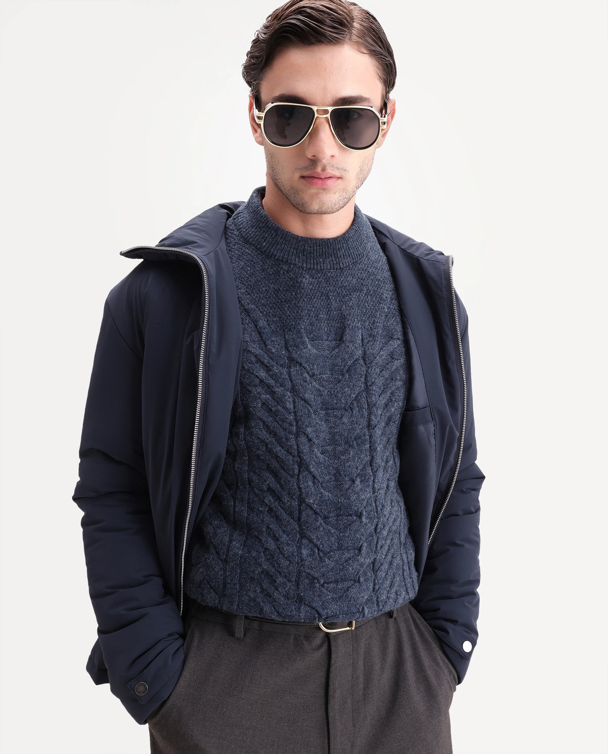 Rare Rabbit Men's Harry-E Blue Polyester Blend Crew Neck Regular Textured Sweater