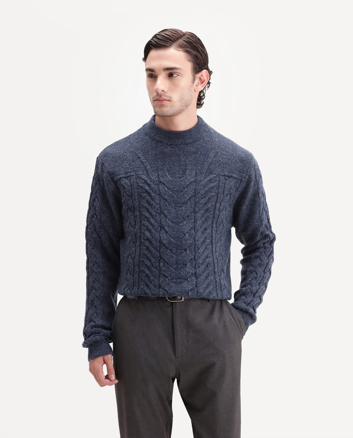 Rare Rabbit Men's Harry-E Blue Polyester Blend Crew Neck Regular Textured Sweater