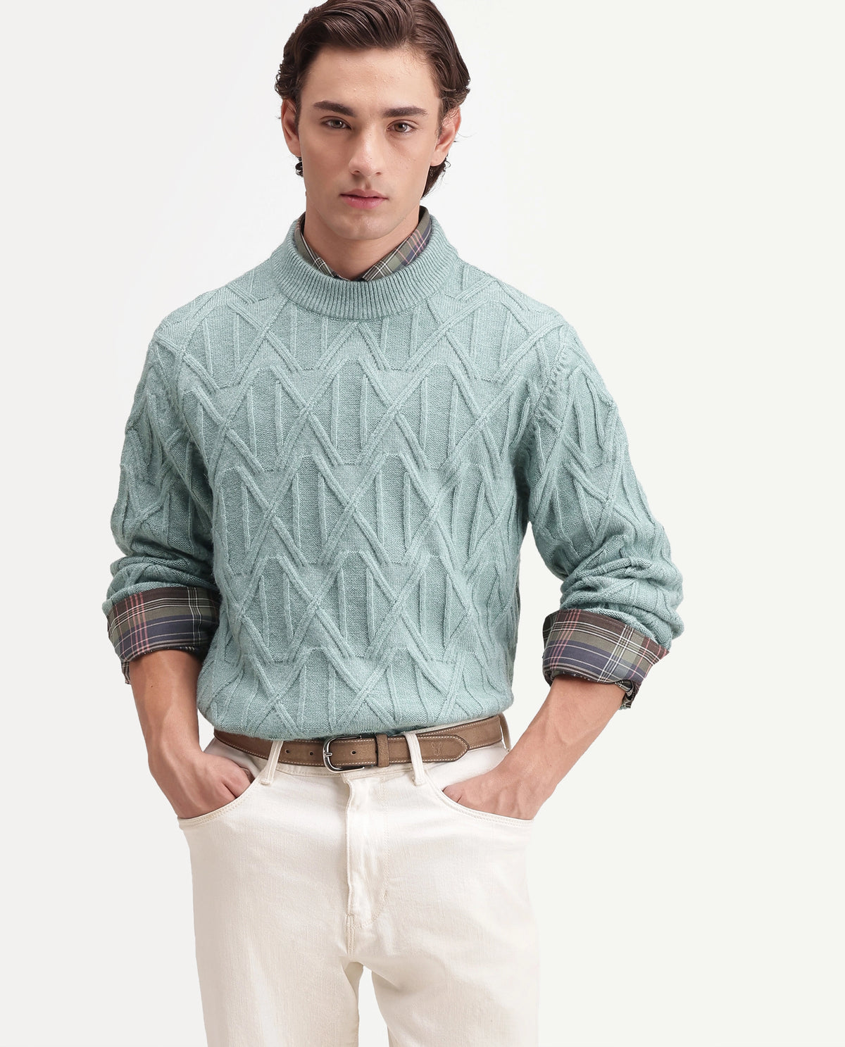 Rare Rabbit Men's Zayn-E Dusky Teal Acrylic Blend Turtle Neck Regular Jacquard Sweater