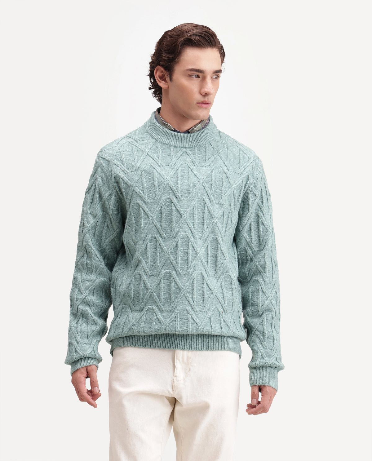 Rare Rabbit Men's Zayn-E Dusky Teal Acrylic Blend Turtle Neck Regular Jacquard Sweater