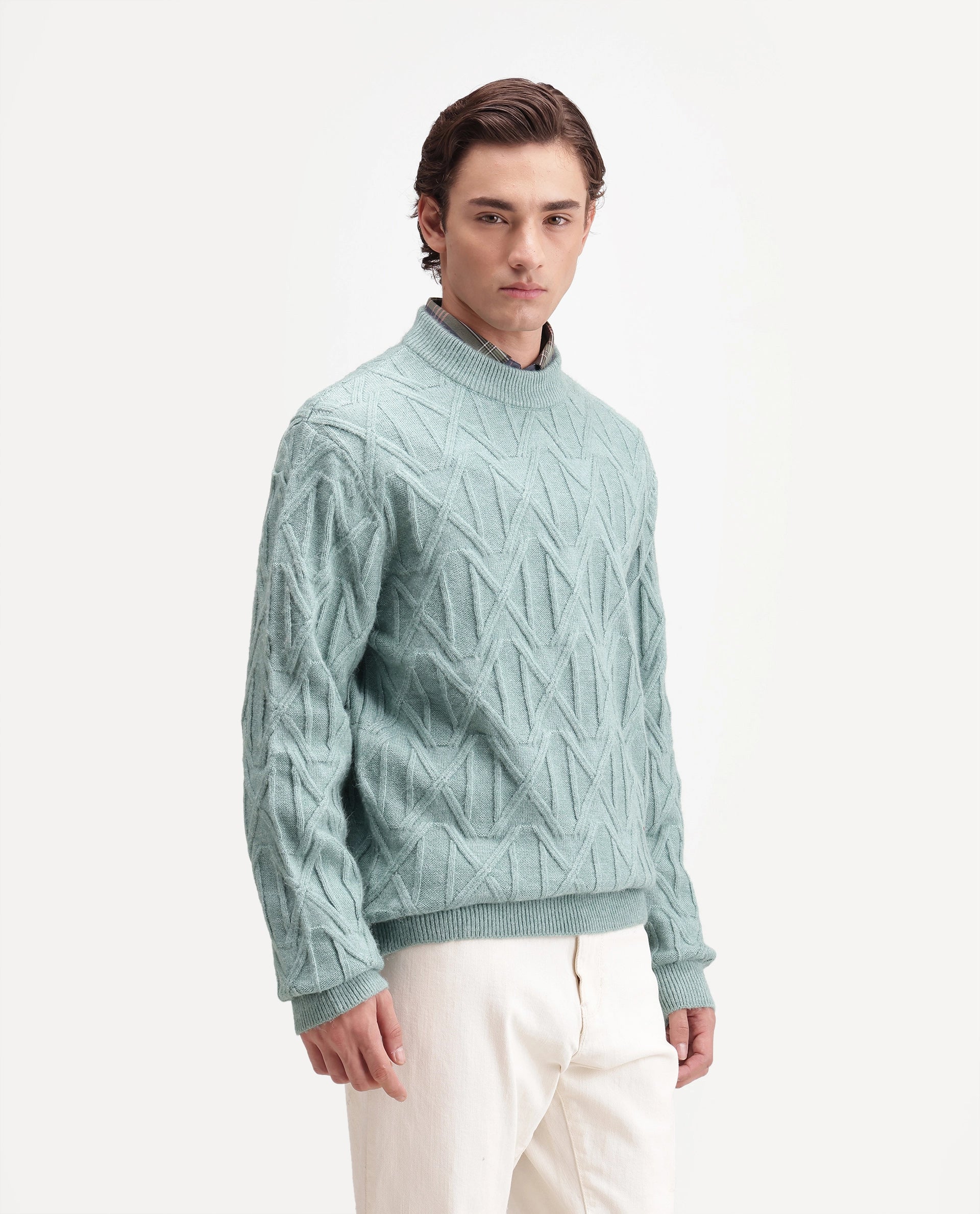 Rare Rabbit Men's Zayn-E Dusky Teal Acrylic Blend Turtle Neck Regular Jacquard Sweater