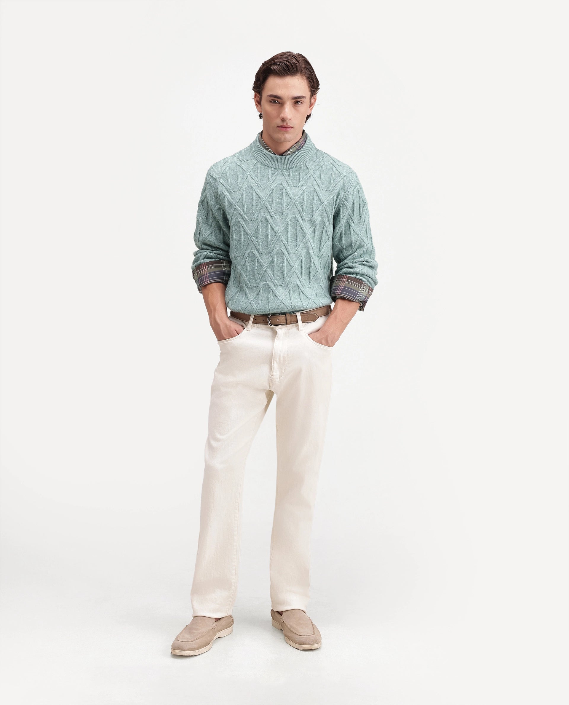 Rare Rabbit Men's Zayn-E Dusky Teal Acrylic Blend Turtle Neck Regular Jacquard Sweater