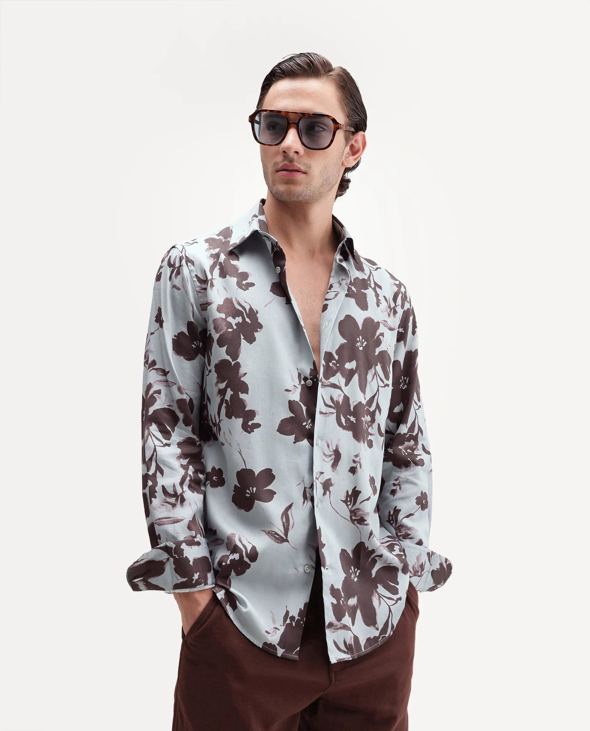 Rare Rabbit Men's Flora Pastel Blue Cotton Spread Collar Regular Floral Print Shirt